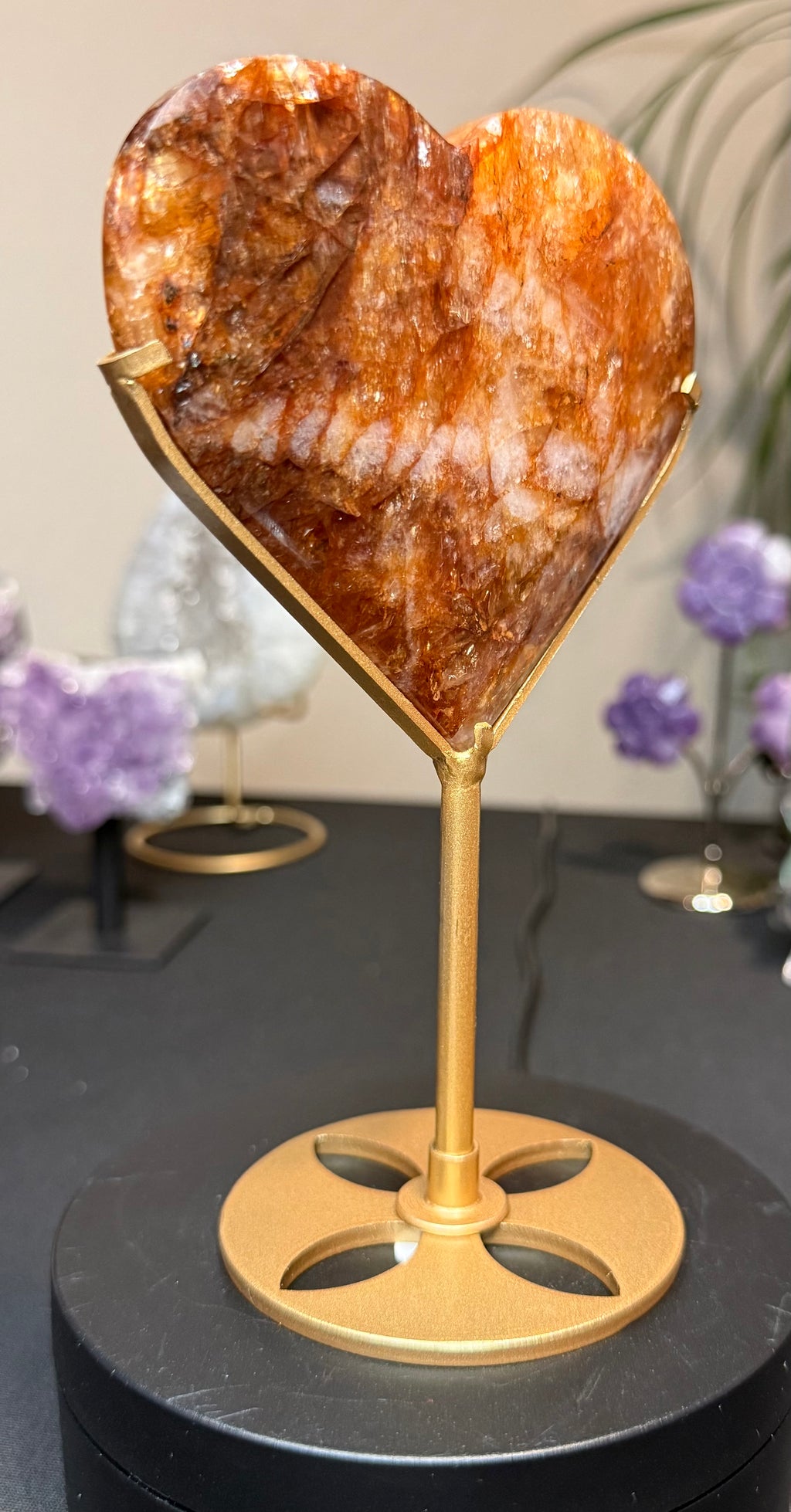 Golden Red Stone Heart on Stand - Large Polished Home Decor