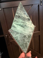 Green Fluorite Diamond Carving on Silver Metal Stand - UV Reactive Decor