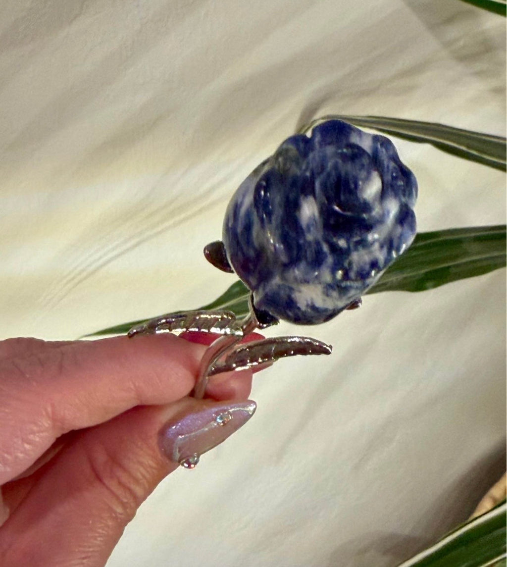 Sodalite Carved Rose on Silver Metal Stem - Natural Stone Flower Decor