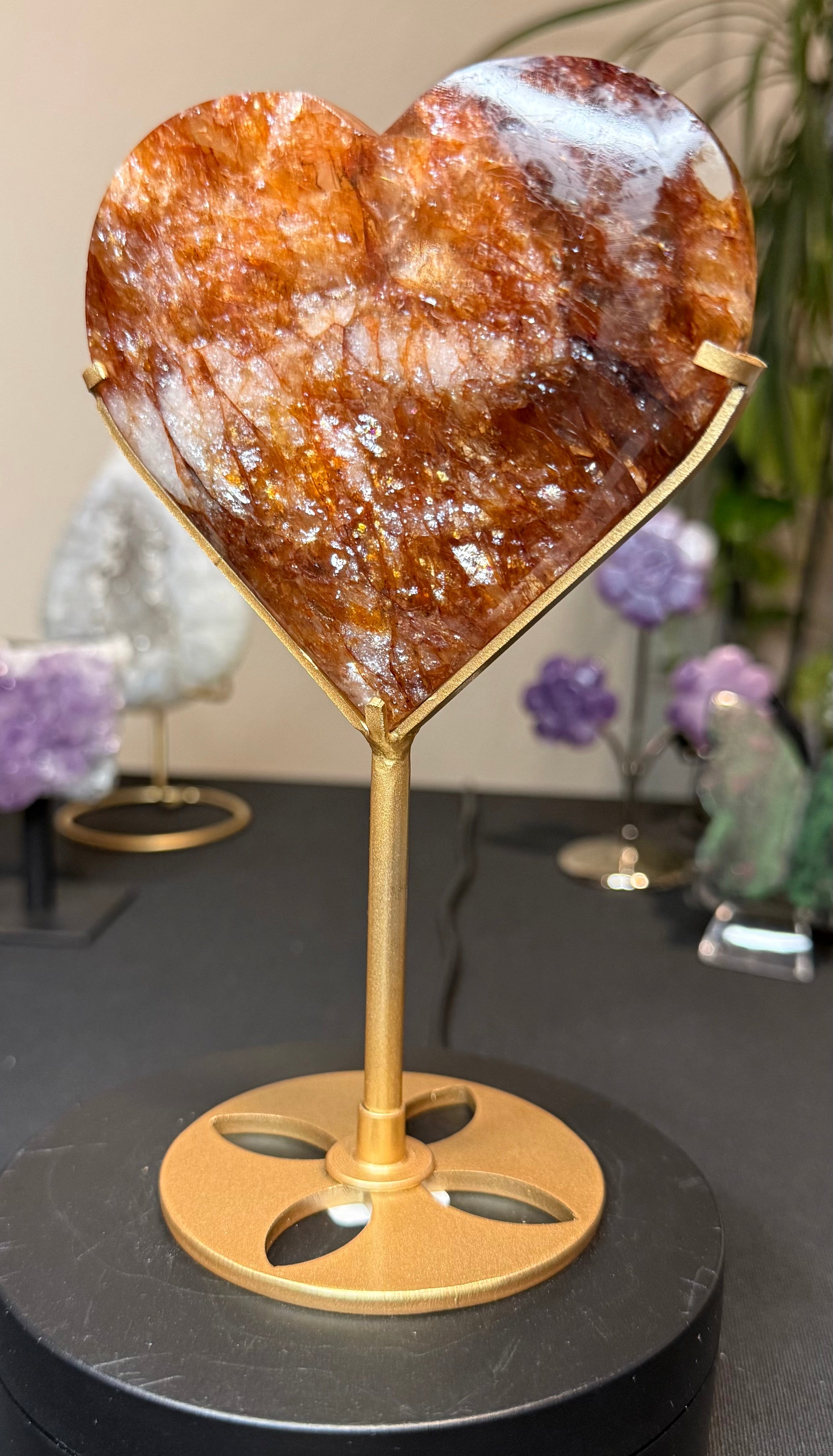 Golden Red Stone Heart on Stand - Large Polished Home Decor