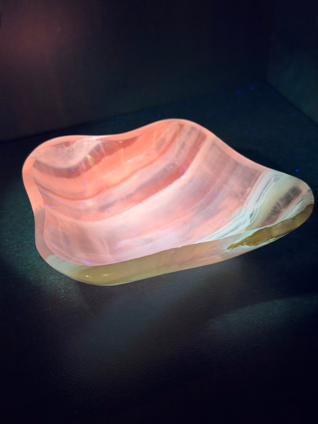 Polished Amber Onyx Bowl - Freeform Banded Stone Dish, UV Reactive