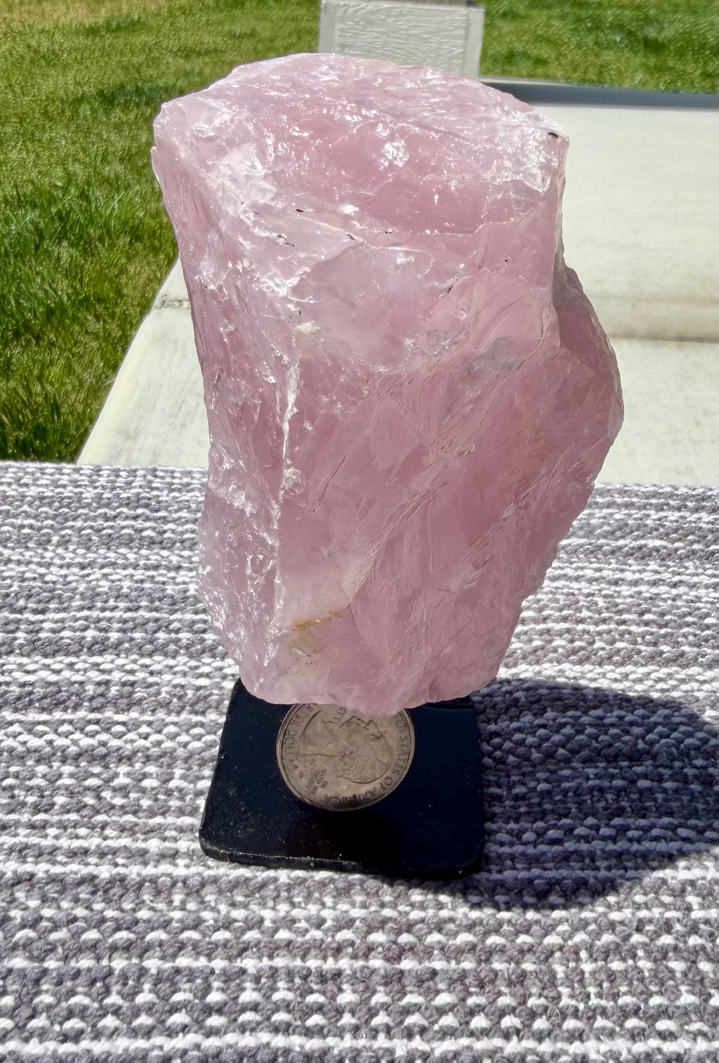 Large Natural Raw Rose Quartz Stone on Metal Stand