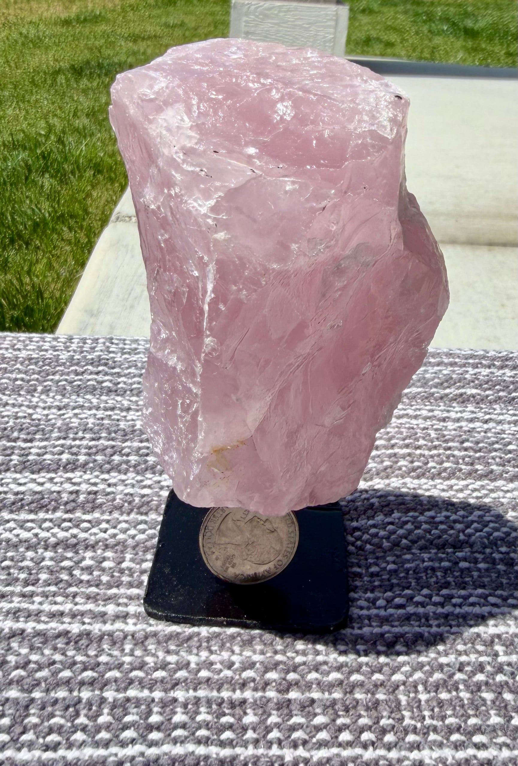 Large Natural Raw Rose Quartz Stone on Metal Stand