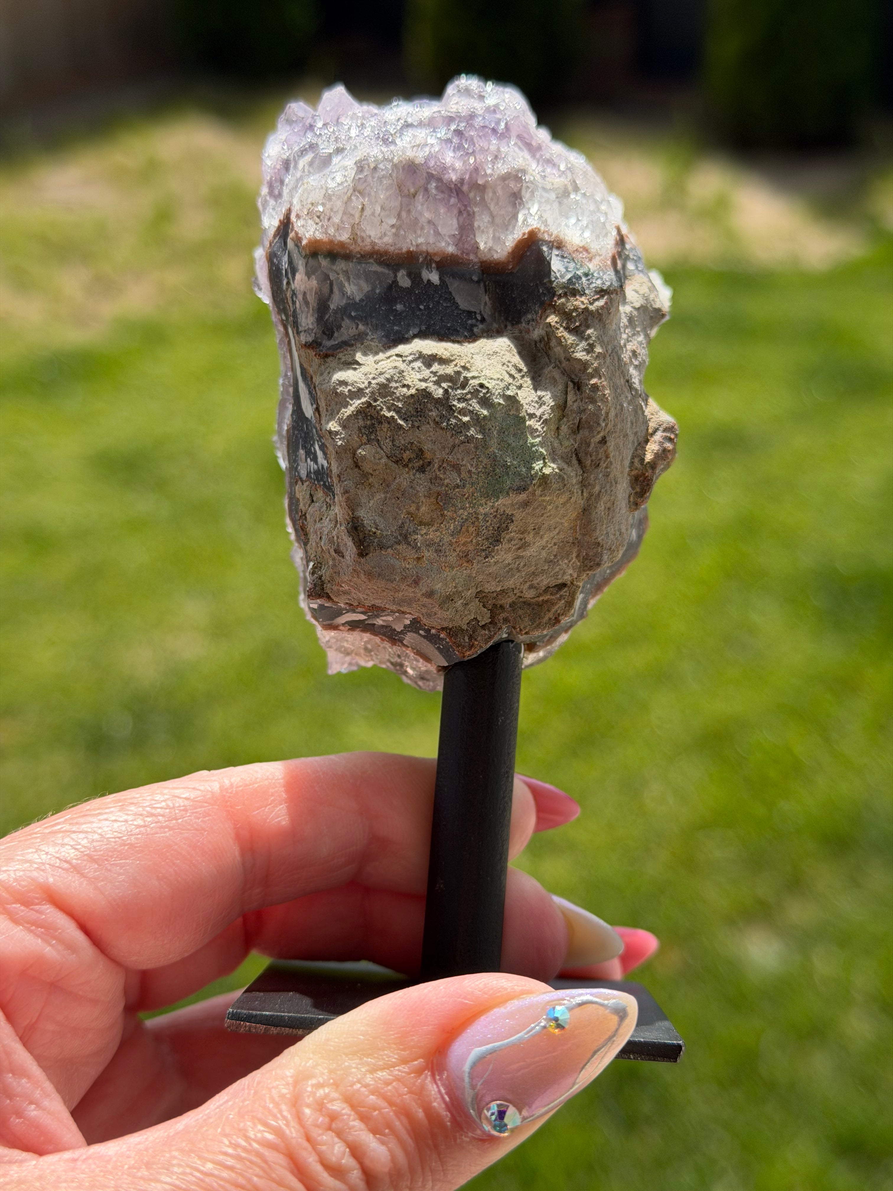 Amethyst Crystal Cluster on Metal Stand - Natural Purple Quartz Specimen