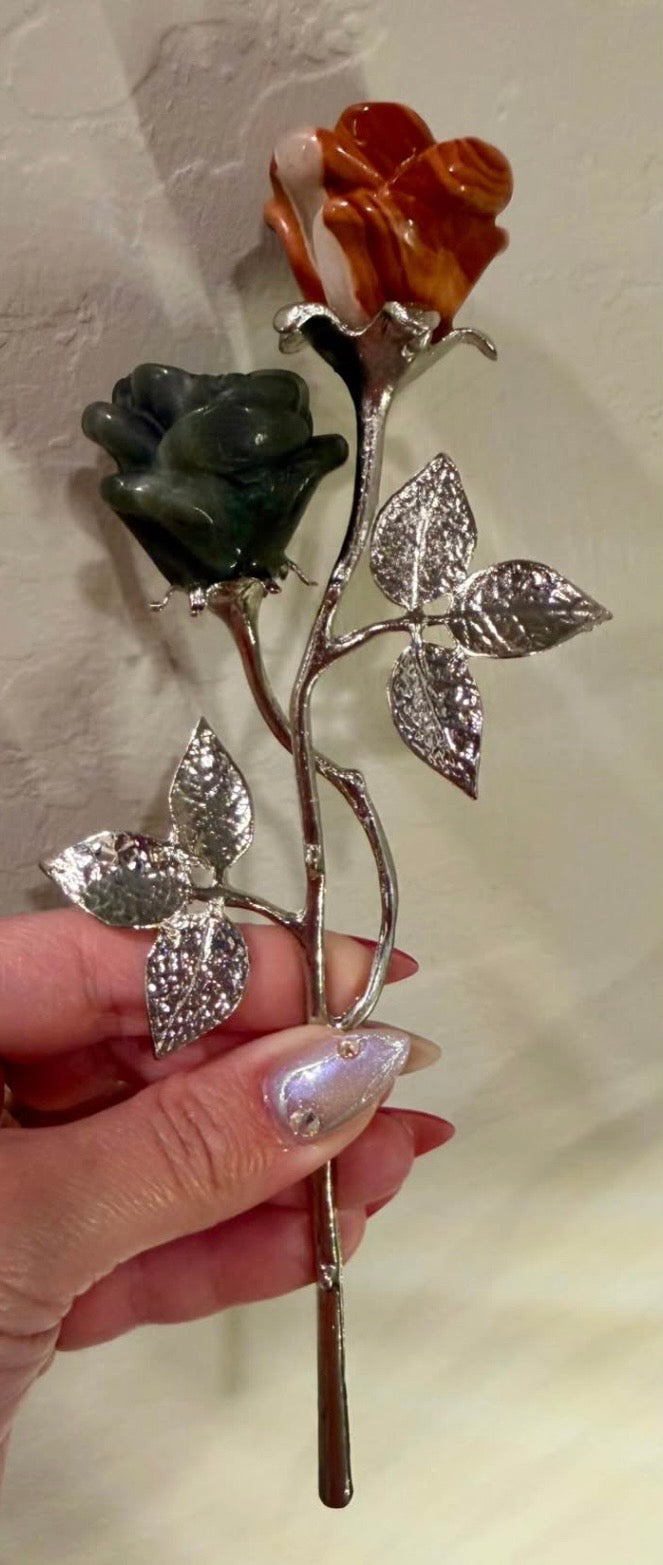 Labradorite and Red Jasper Carved Stone Roses on Metal Stem - Natural Stone Flower Decor