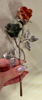Labradorite and Red Jasper Carved Stone Roses on Metal Stem - Natural Stone Flower Decor