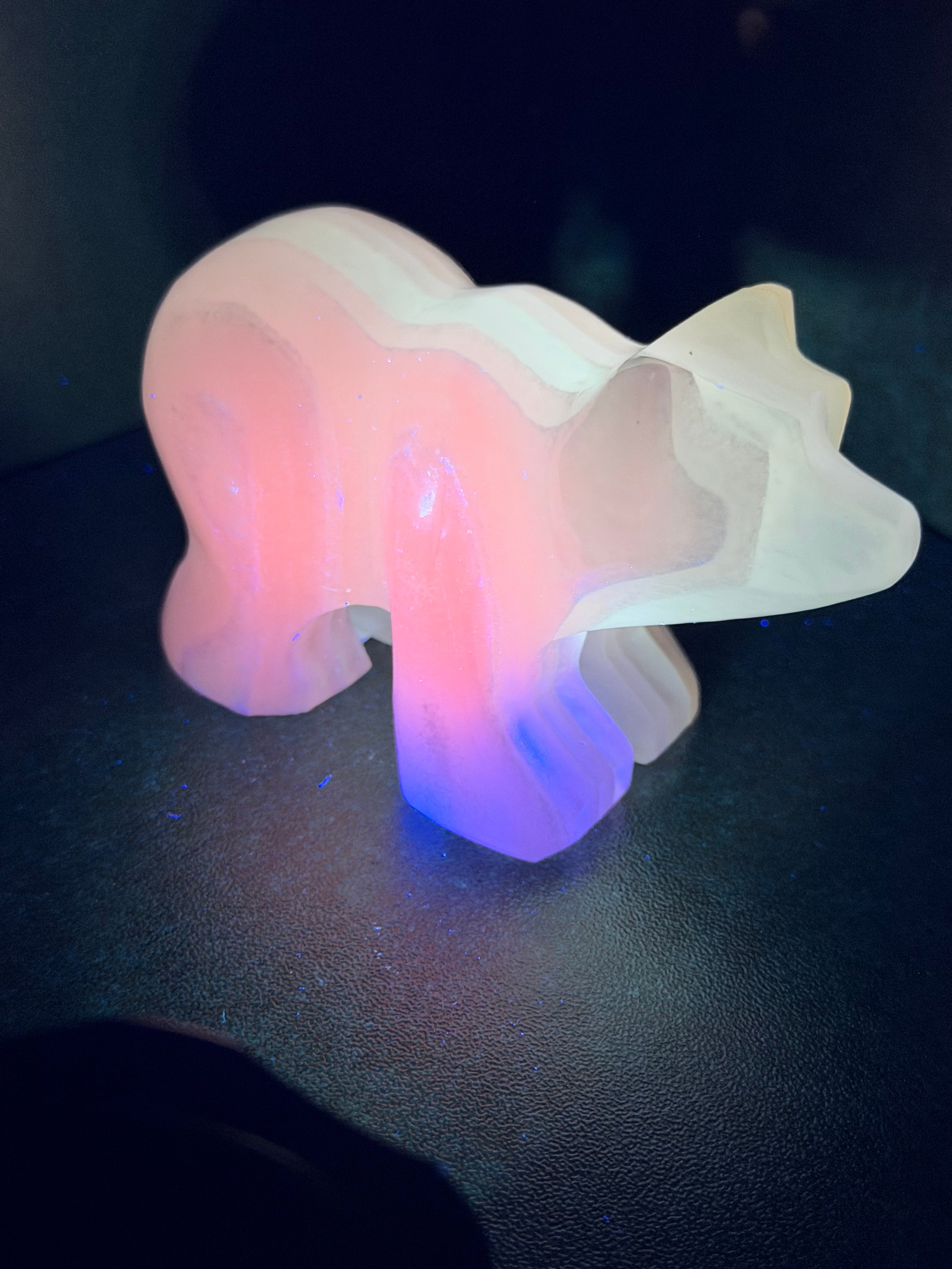 White Onyx Bear Carving - UV Reactive Banded Calcite Grizzly Figurine