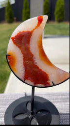 Beautiful Carnelian Agate Crescent Moon on Stand - Orange Red Natural Stone Decor