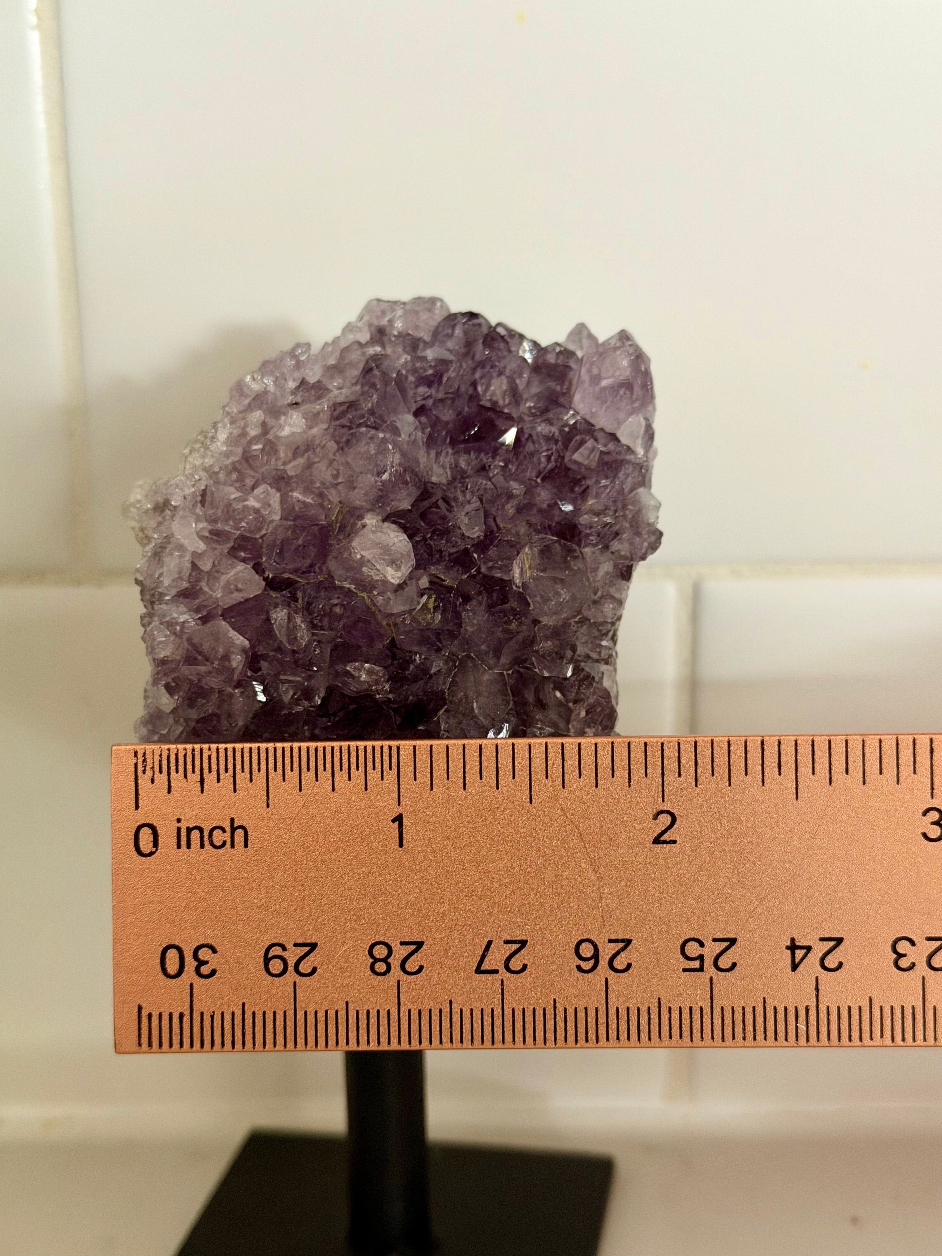 Amethyst Crystal Cluster on Metal Stand - Natural Purple Quartz Specimen