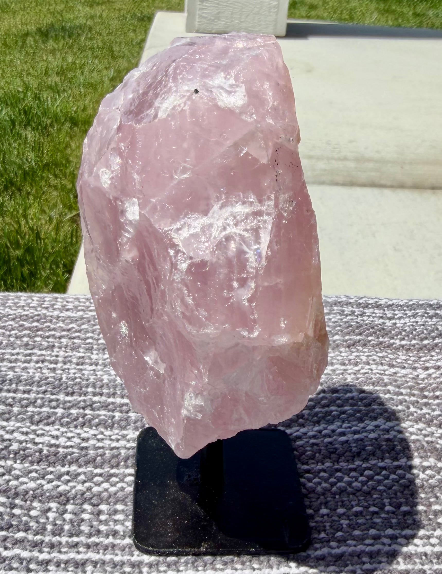 Large Natural Raw Rose Quartz Stone on Metal Stand