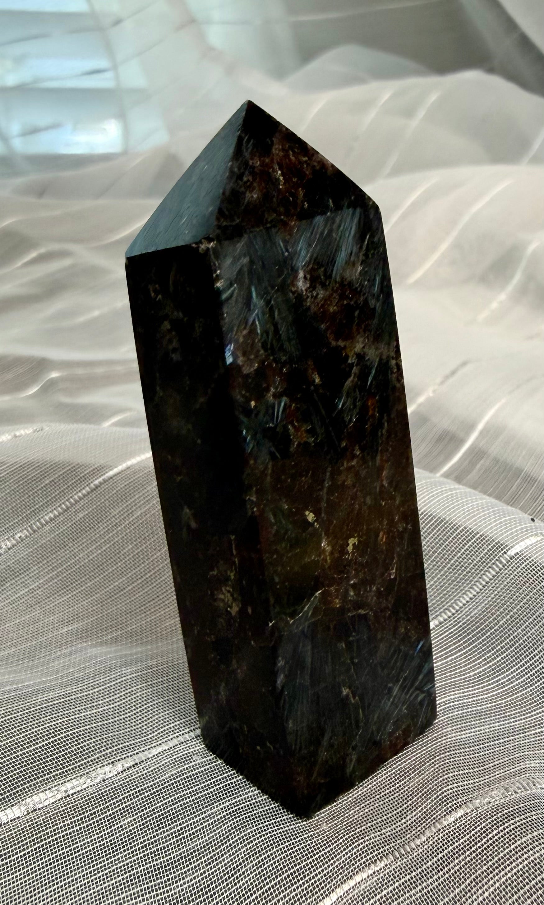 Arfvedsonite Polished Crystal Tower 2.5" - Black Stone with Blue Flash