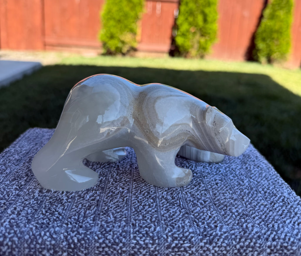 Large Mexican Onyx Hand Carved Bear Figurine 6.3" - Banded Stone Sculpture