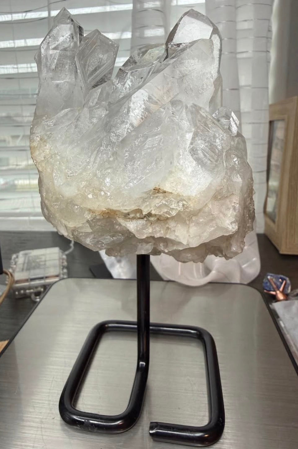 Large Brazilian Clear Quartz Crystal Cluster on Black Metal Stand - 2 lb 10.5 oz Natural Stone Decor