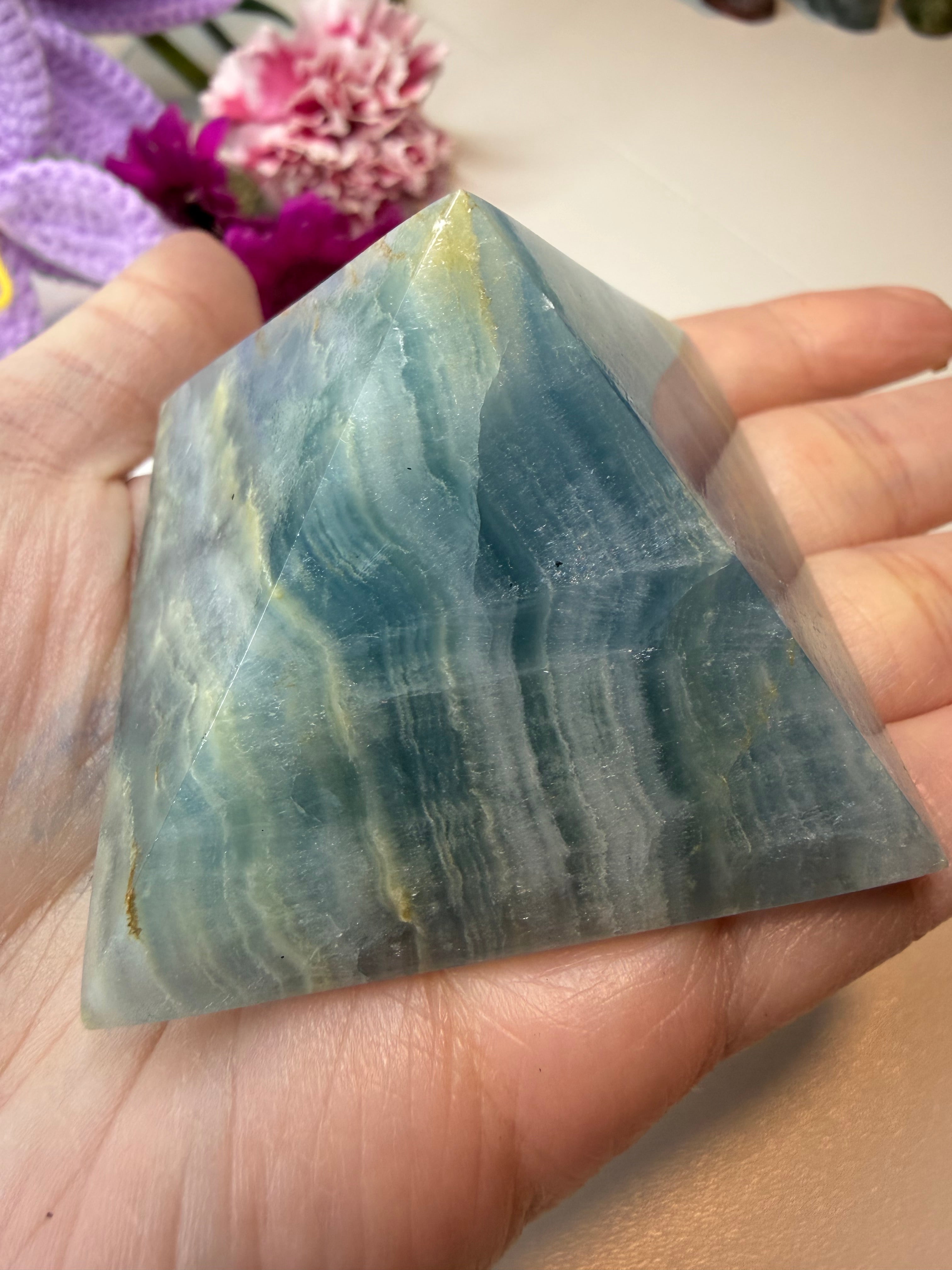 Imperfect Blue Onyx Pyramid - Natural Banded Stone Carving for Home Decor