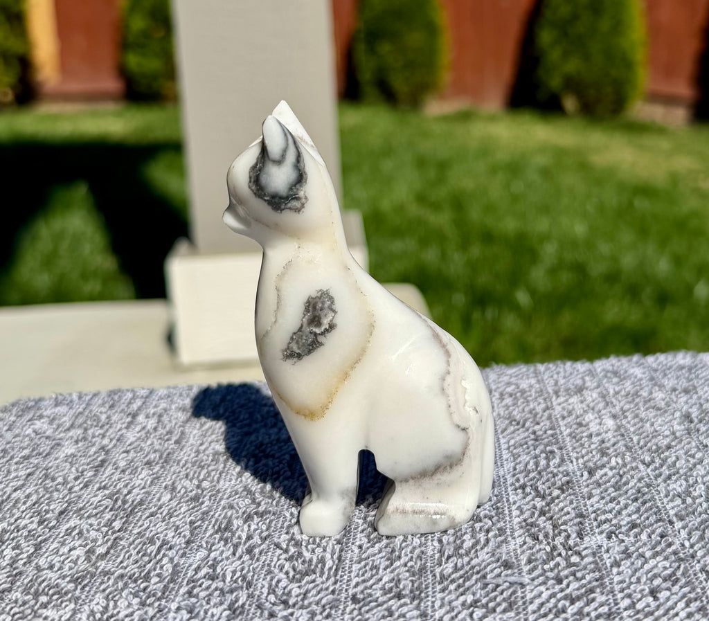 Zebra Calcite Sitting Cat Carving from Mexico - UV Reactive Stone Figurine