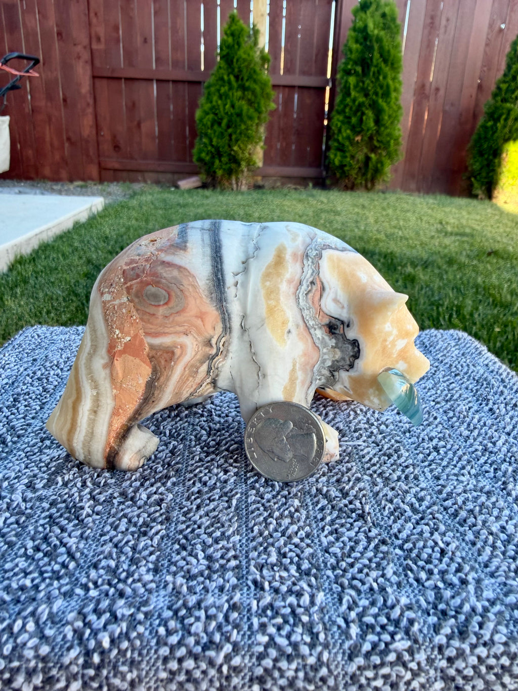 Zebra Calcite Bear Carving with Blue Onyx Fish - Banded Calcite Animal Statue