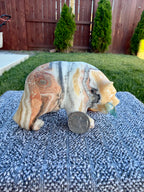 Zebra Calcite Bear Carving with Blue Onyx Fish - Banded Calcite Animal Statue