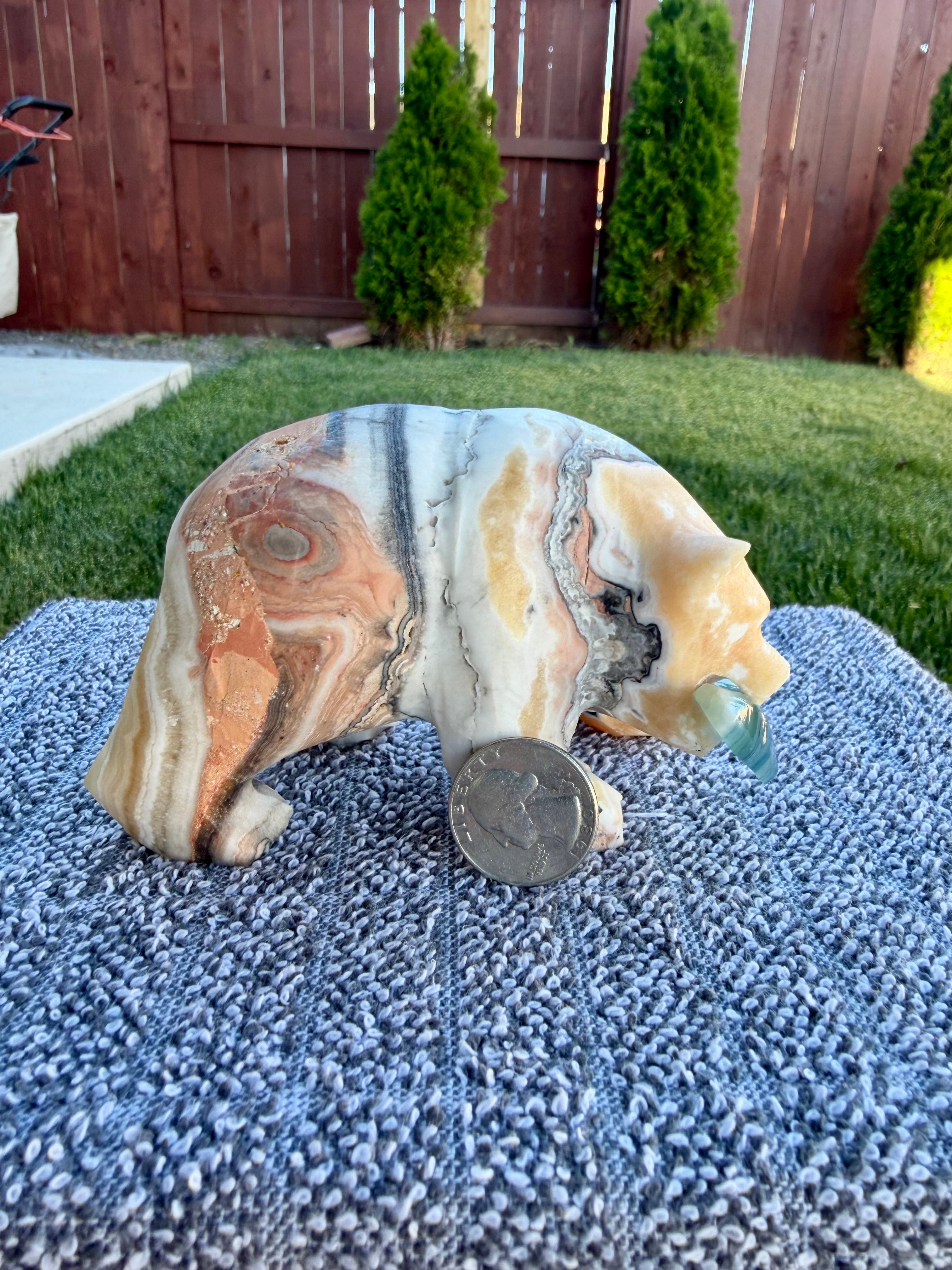 Zebra Calcite Bear Carving with Blue Onyx Fish - Banded Calcite Animal Statue