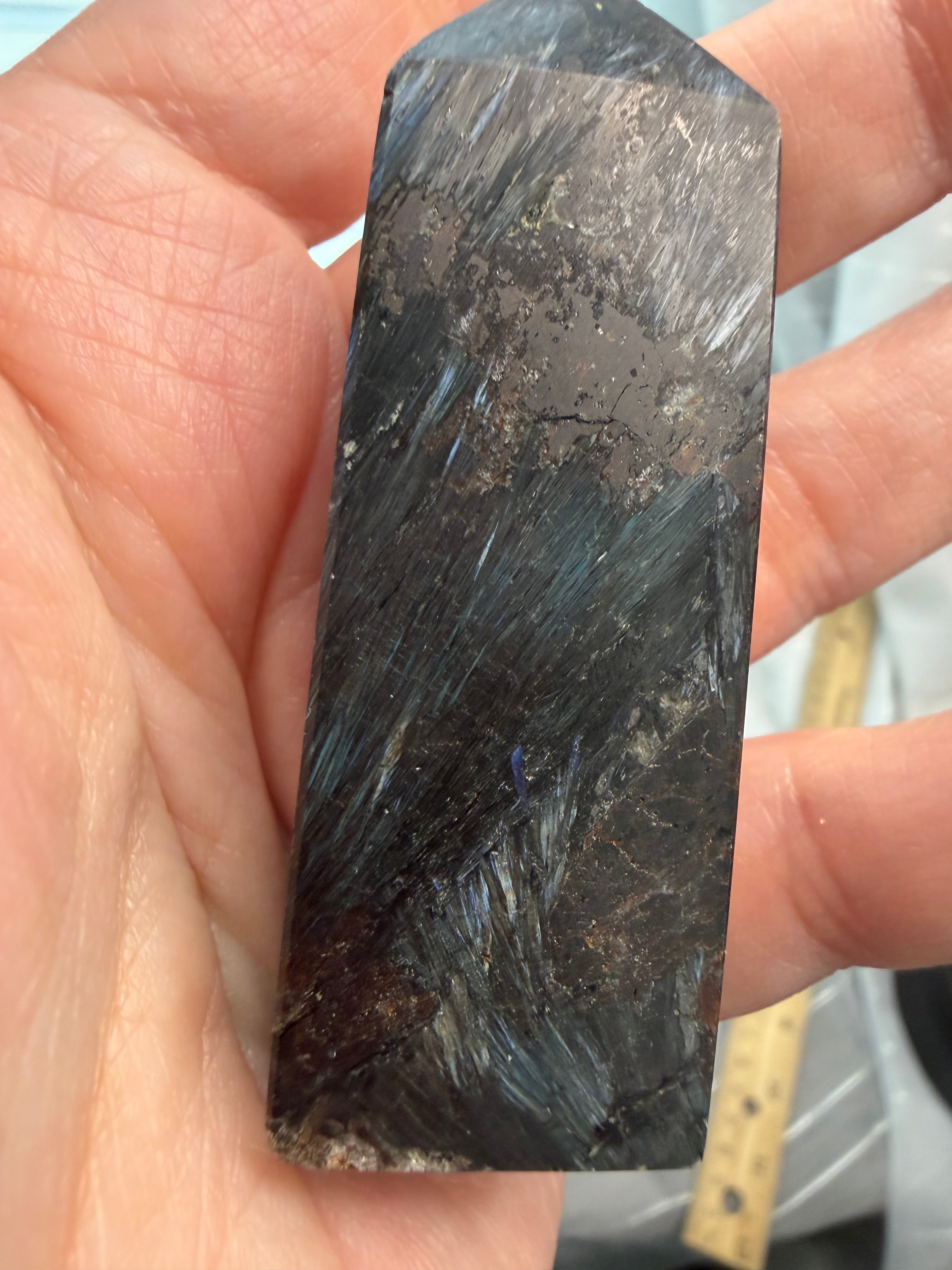 Arfvedsonite Polished Crystal Tower 2.5" - Black Stone with Blue Flash