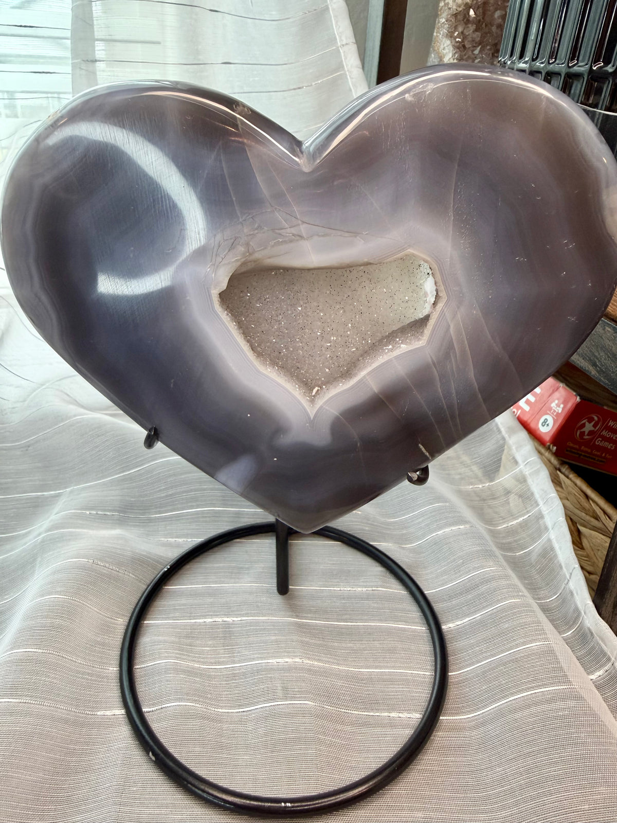 Gorgeous XL Druzy Blue Agate Heart on Stand - 2lb 11oz Banded w/ Sparkly Crystal Pocket