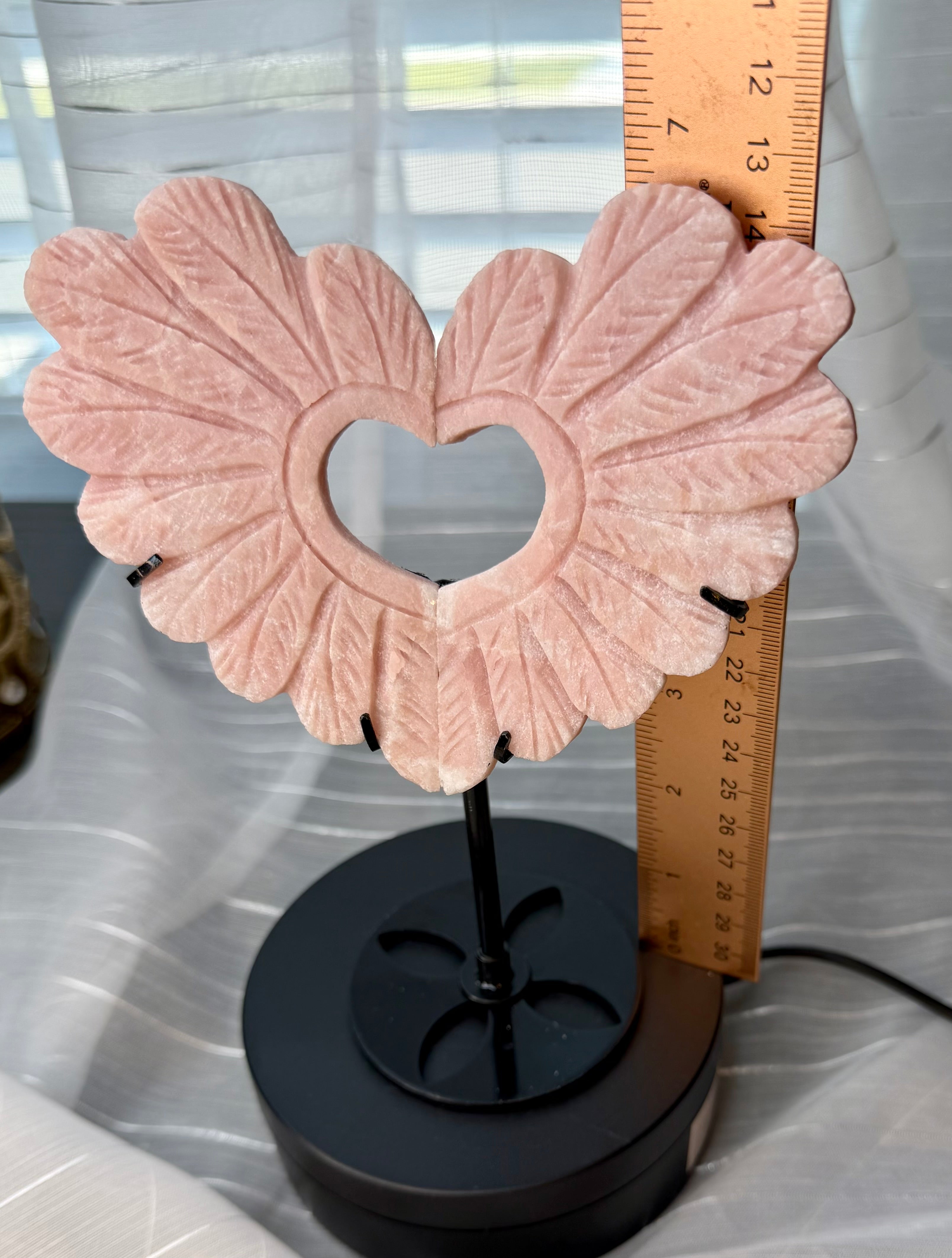 Pink Opal Angel Wing
Carving with Heart Cutout on Stand - Natural Stone Decor