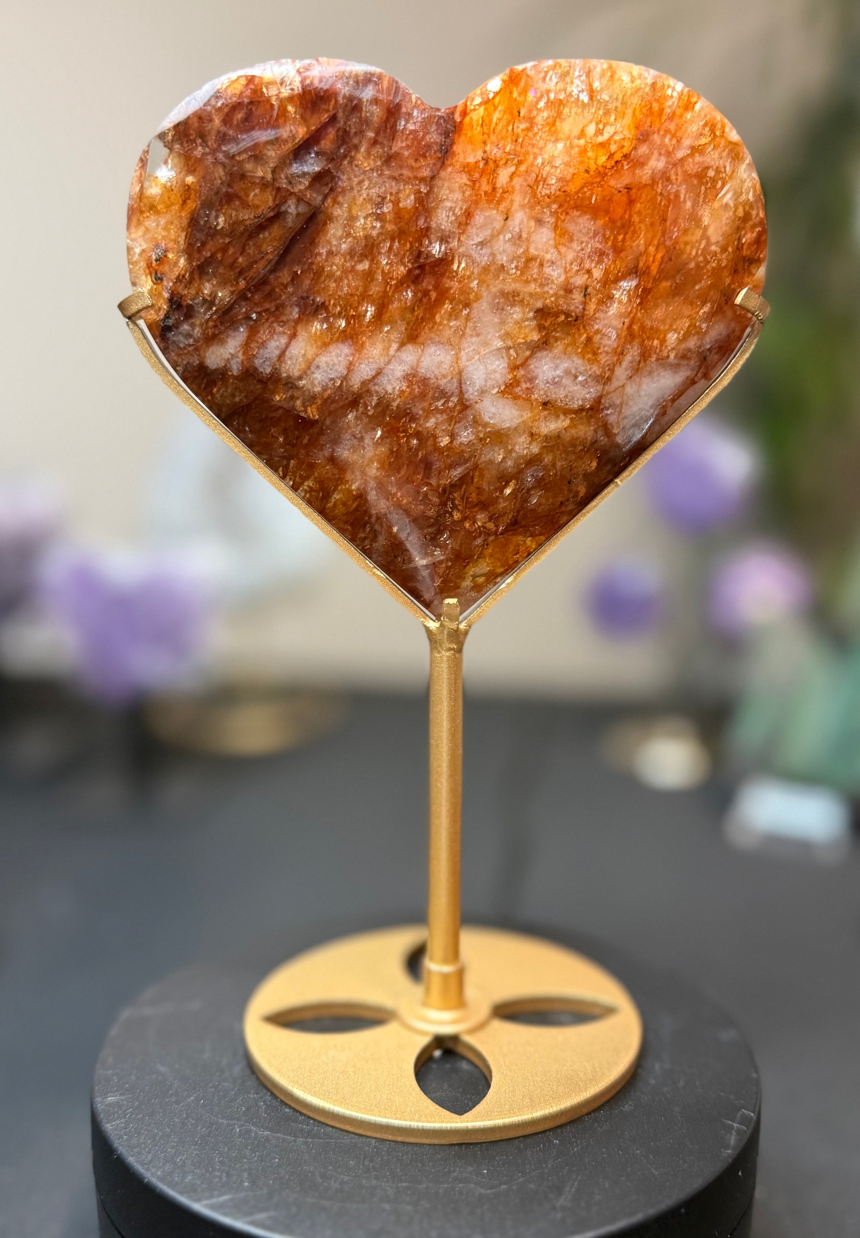 Golden Red Stone Heart on Stand - Large Polished Home Decor