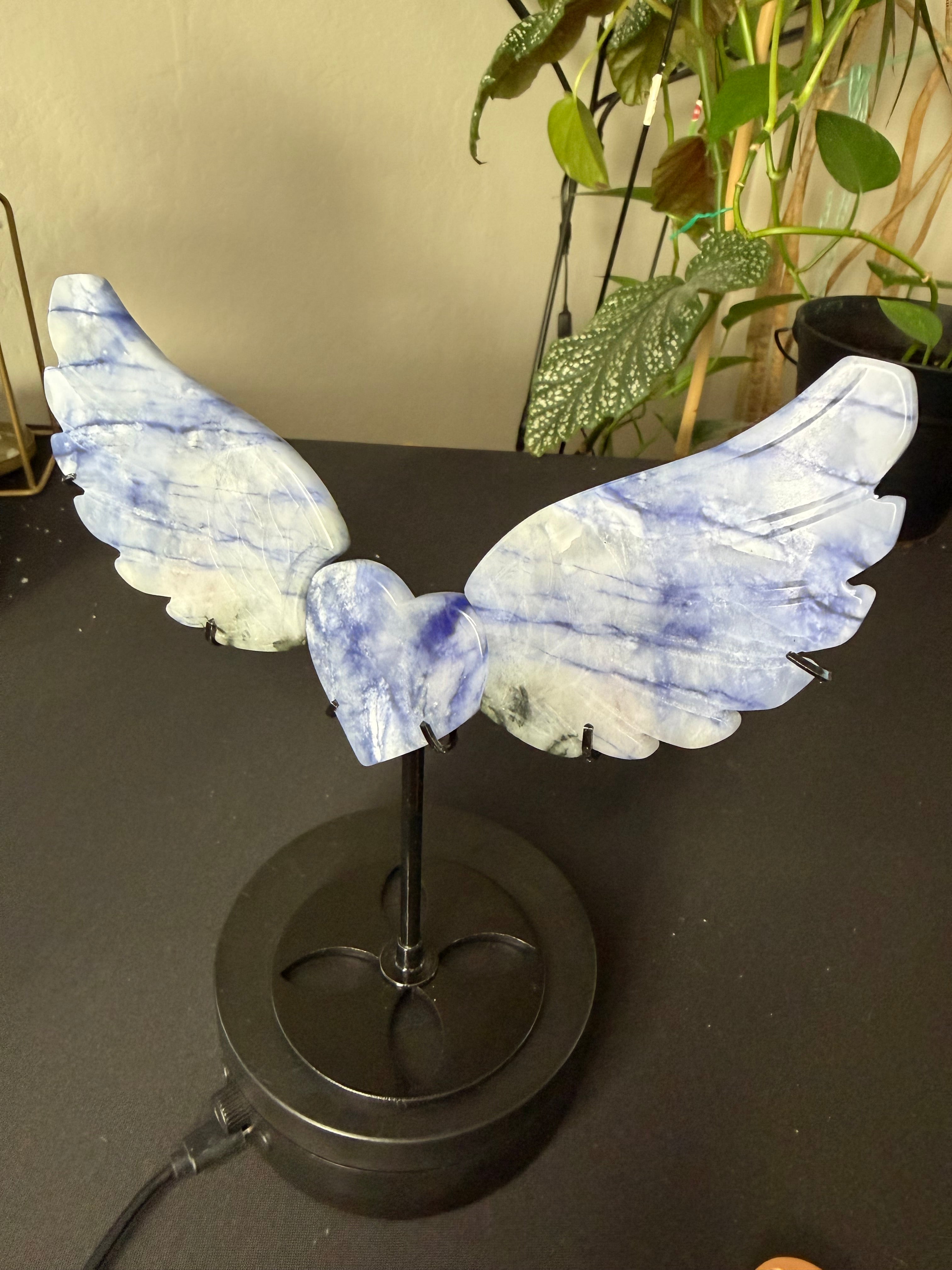 Natural Blue Sodalite Hackmanite Angel Wings with Heart Center