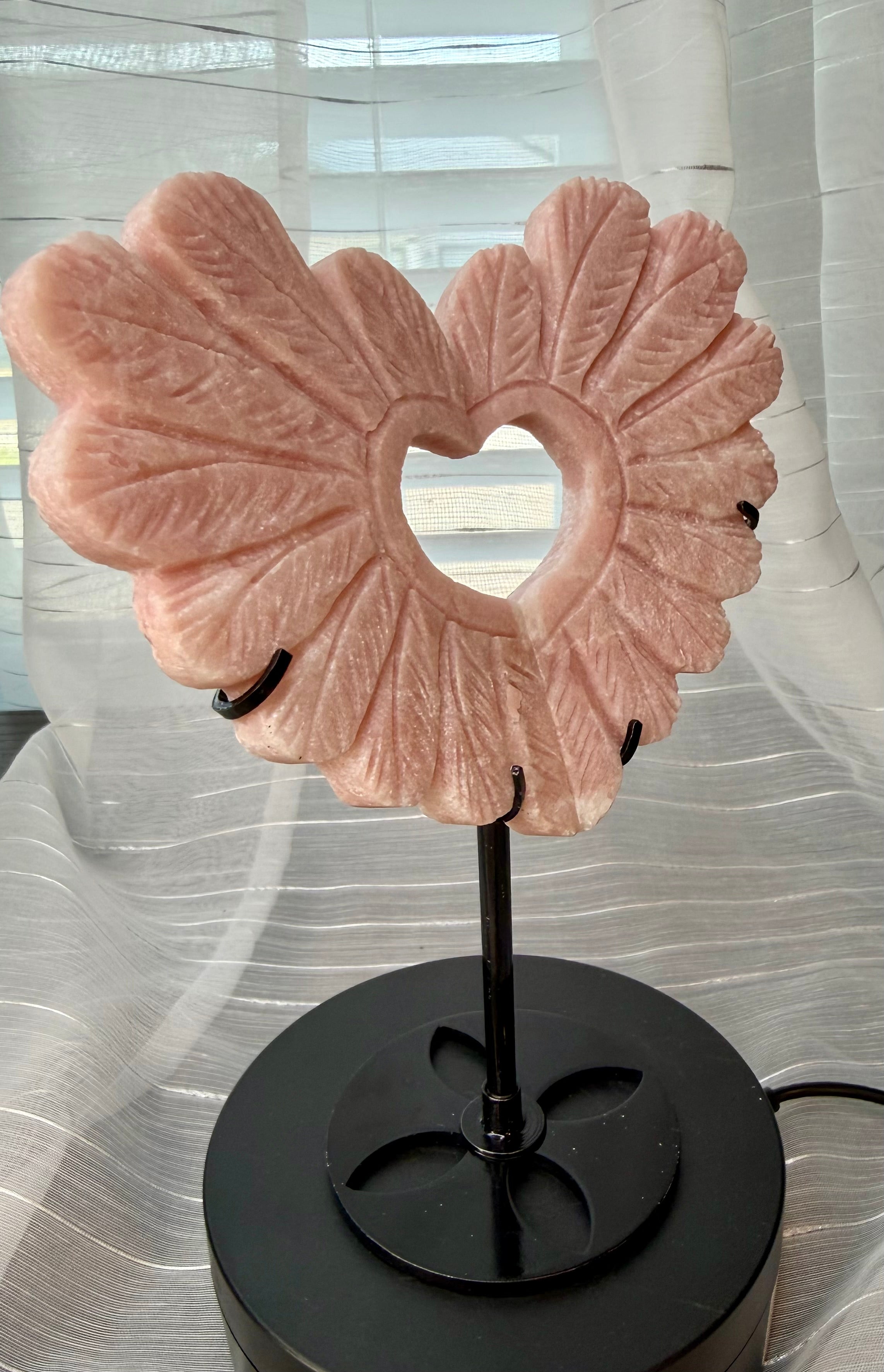 Pink Opal Angel Wing
Carving with Heart Cutout on Stand - Natural Stone Decor
