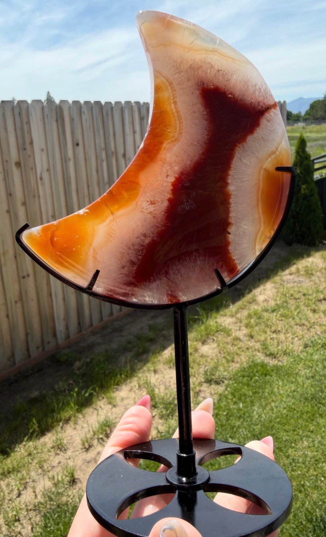 Beautiful Carnelian Agate Crescent Moon on Stand - Orange Red Natural Stone Decor