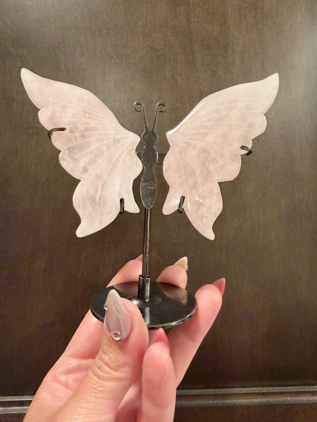 Rose Quartz Butterfly Wings on Metal Stand - Carved Natural Stone Decor