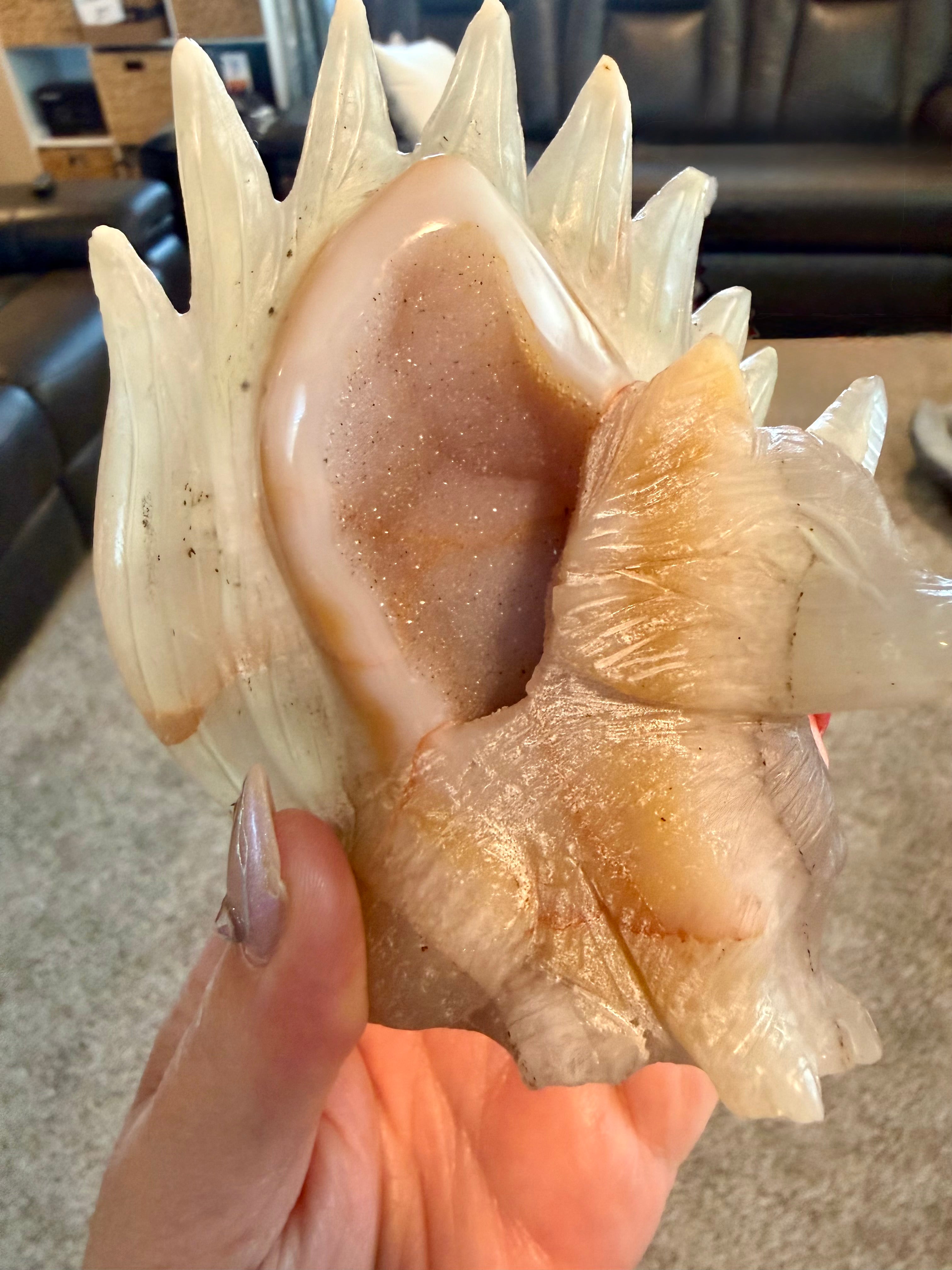 Druzy Agate 9-Tail Fox Carving - Crystal Kitsune Fox Statue