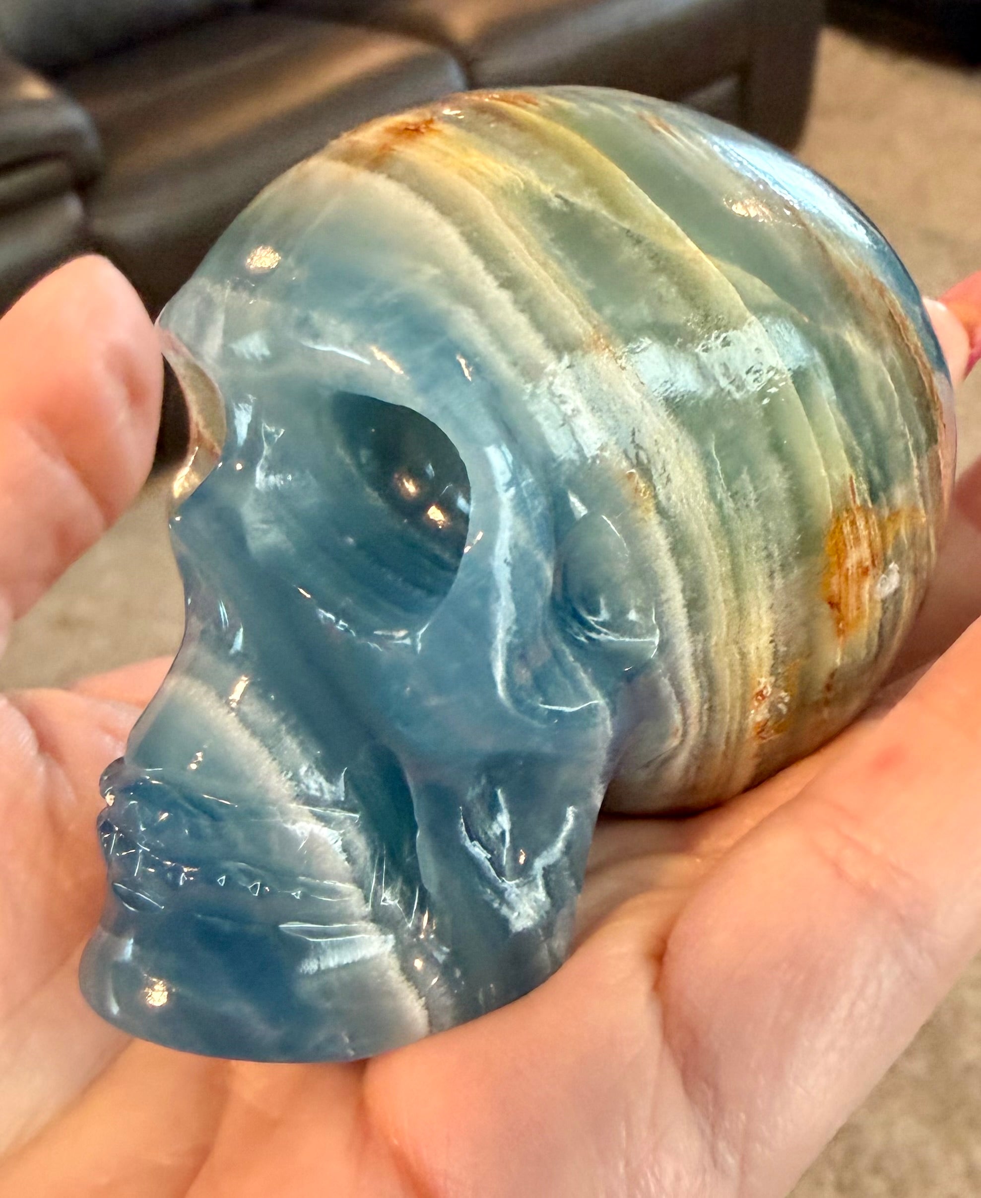 Argentine Blue Onyx Skull Carving - Banded Calcite Crystal Skull