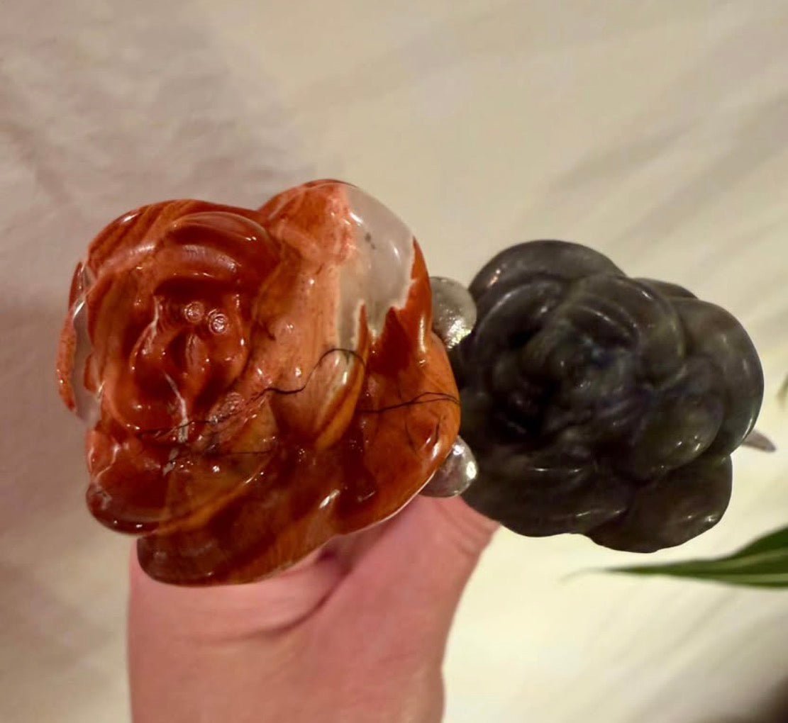 Labradorite and Red Jasper Carved Stone Roses on Metal Stem - Natural Stone Flower Decor