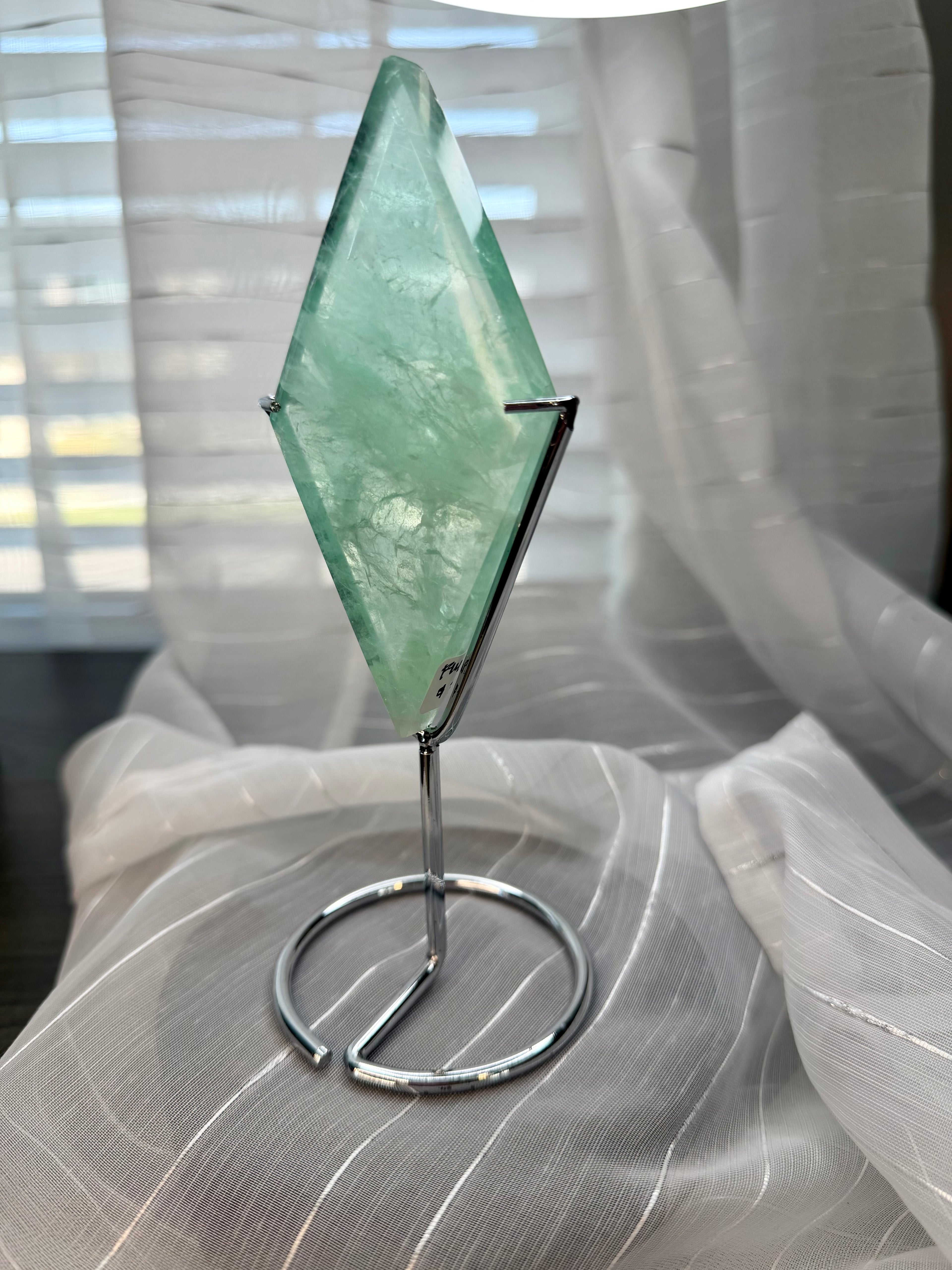 Green Fluorite Diamond Carving on Silver Metal Stand - UV Reactive Decor