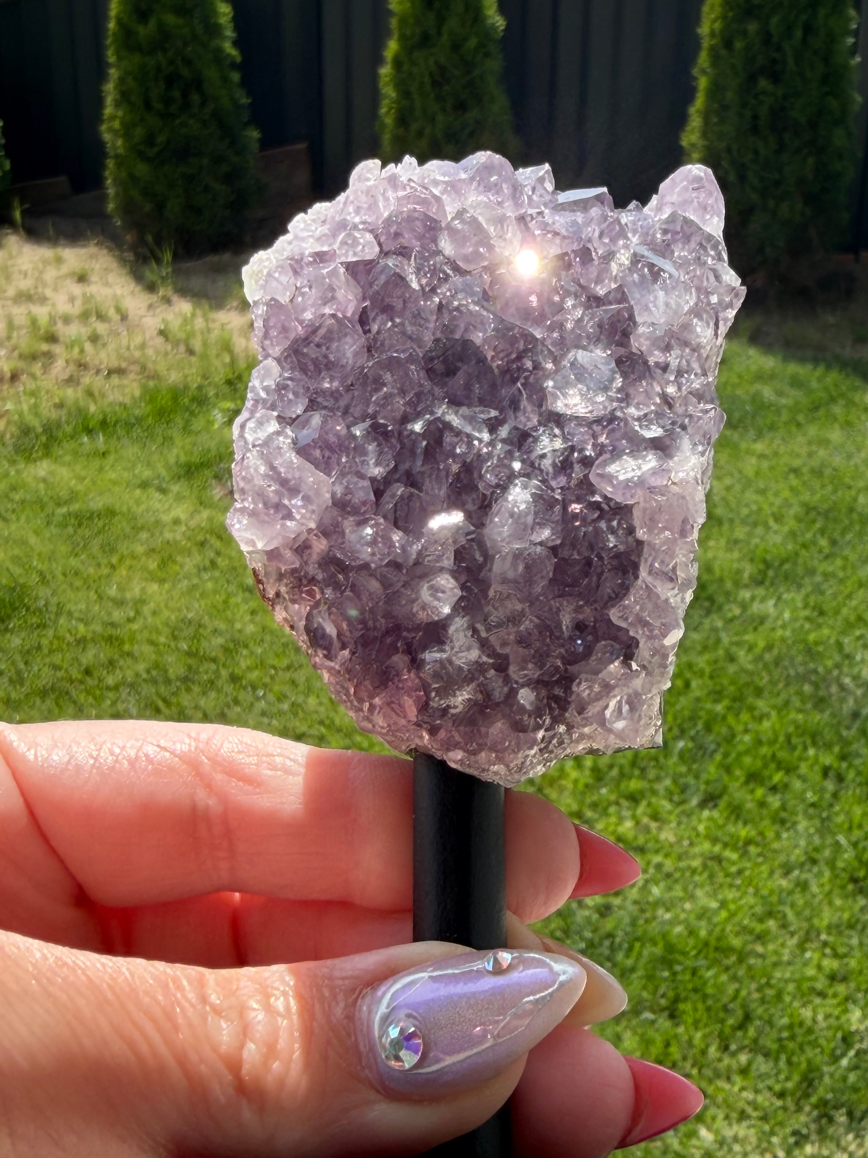 Amethyst Crystal Cluster on Metal Stand - Natural Purple Quartz Specimen