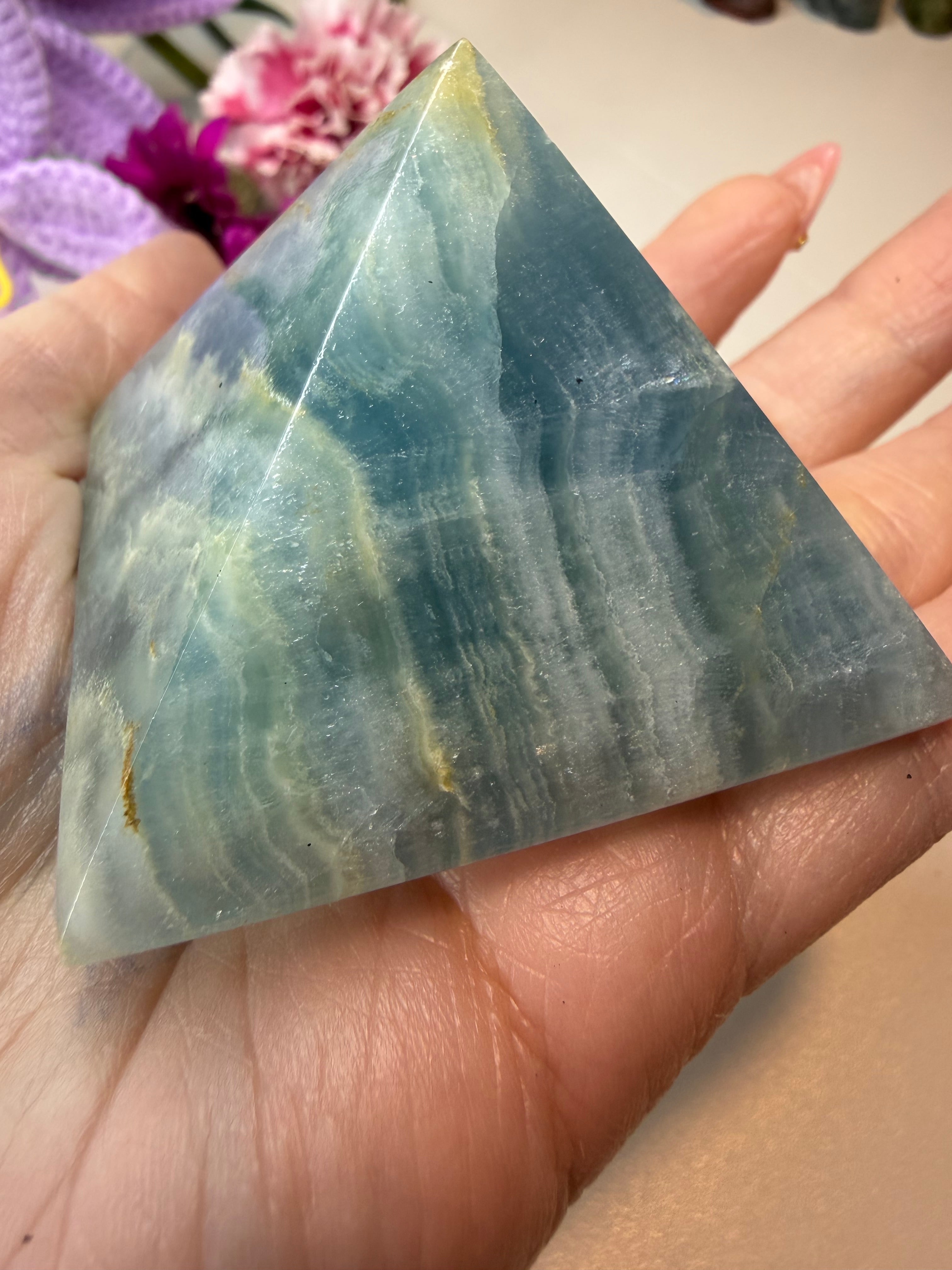 Imperfect Blue Onyx Pyramid - Natural Banded Stone Carving for Home Decor