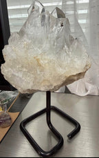 Large Brazilian Clear Quartz Crystal Cluster on Black Metal Stand - 2 lb 10.5 oz Natural Stone Decor