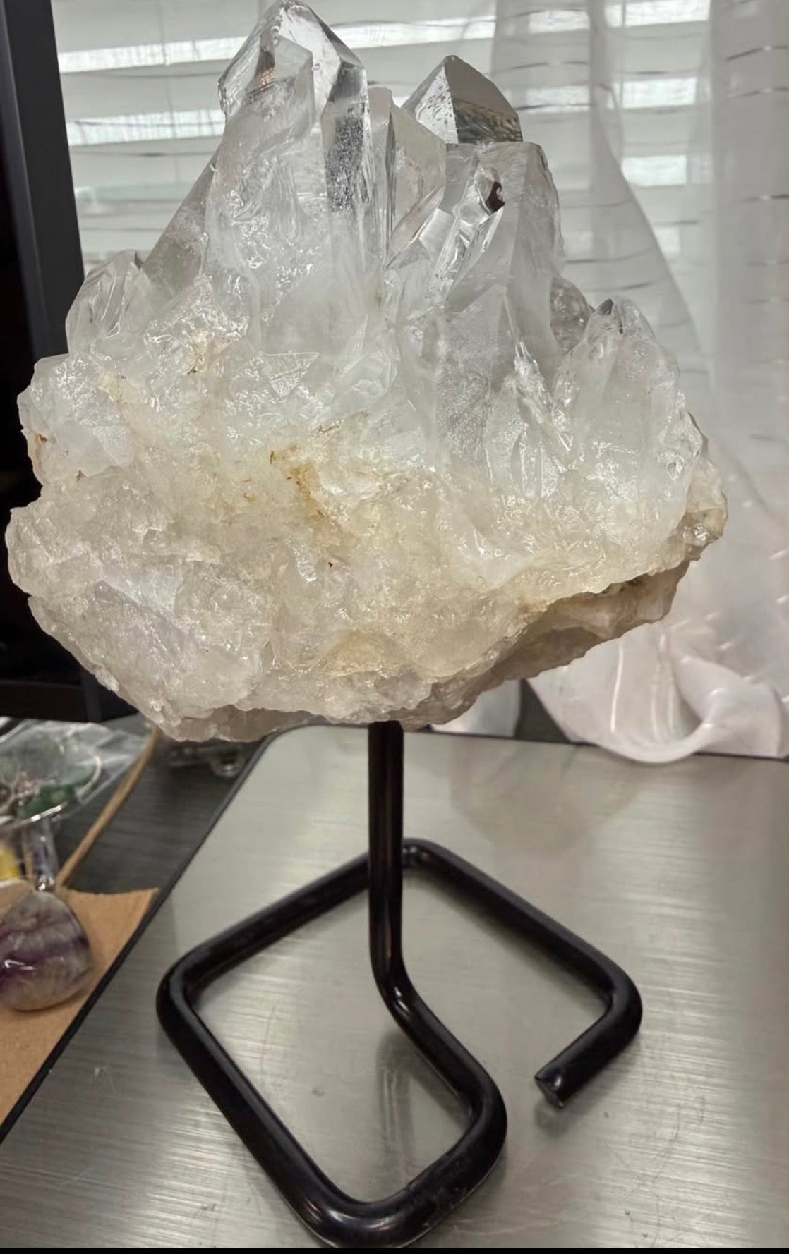 Large Brazilian Clear Quartz Crystal Cluster on Black Metal Stand - 2 lb 10.5 oz Natural Stone Decor