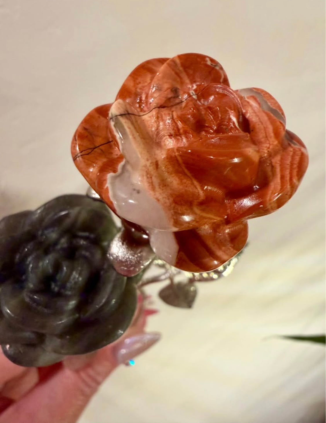 Labradorite and Red Jasper Carved Stone Roses on Metal Stem - Natural Stone Flower Decor