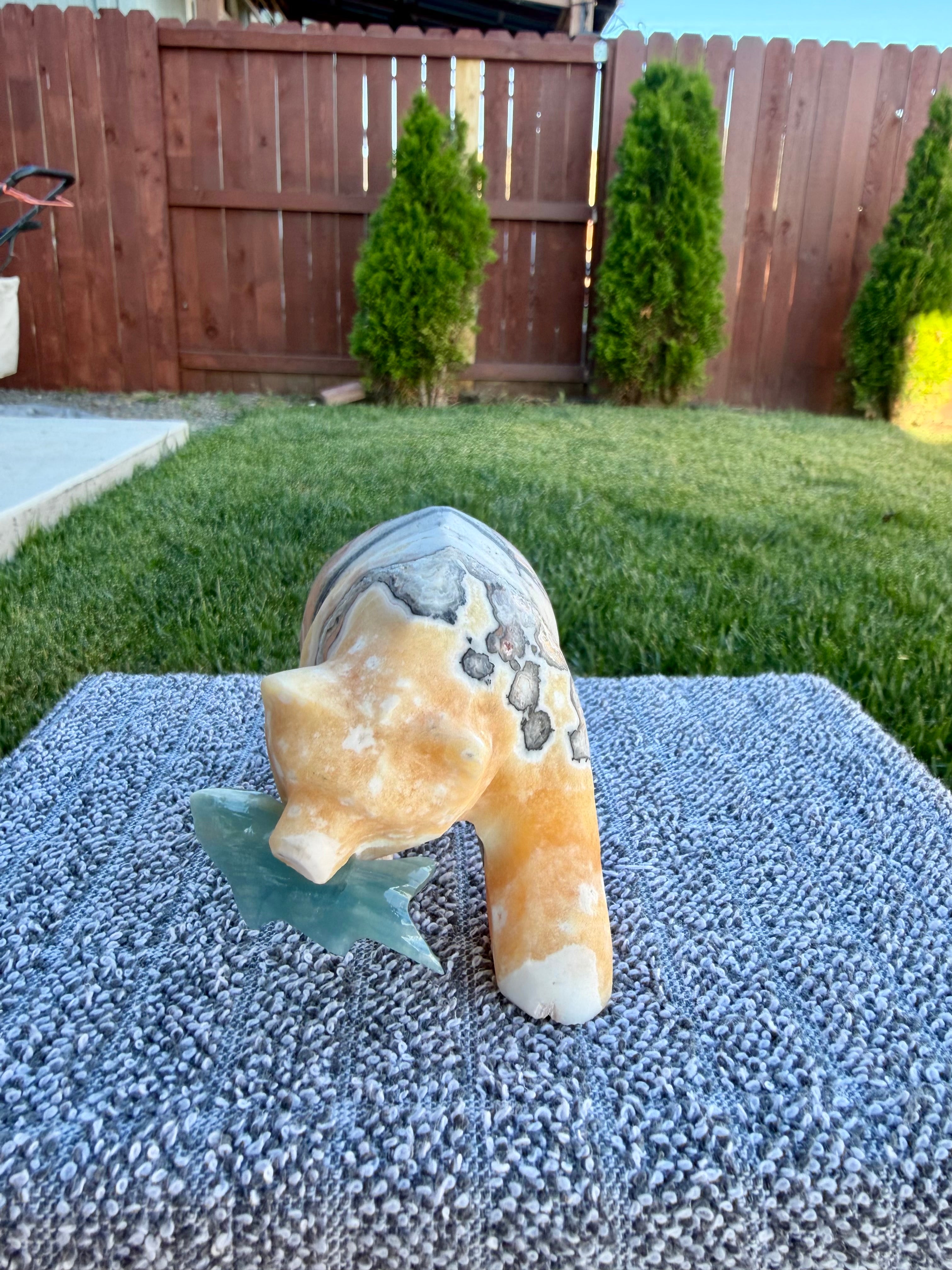 Zebra Calcite Bear Carving with Blue Onyx Fish - Banded Calcite Animal Statue
