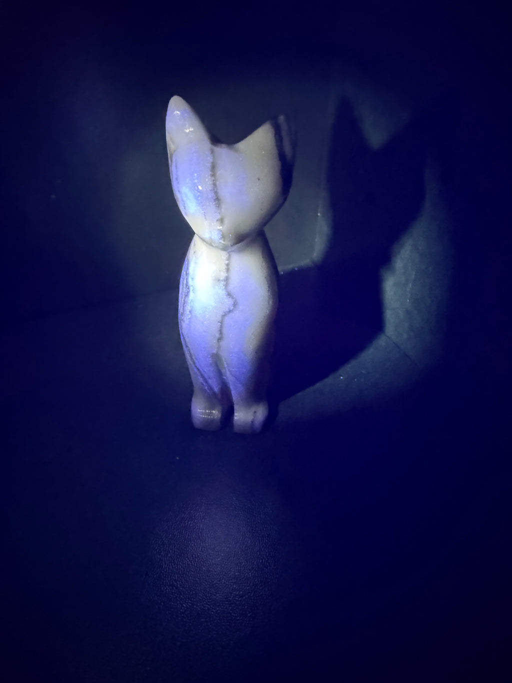 Zebra Calcite Sitting Cat Carving from Mexico - UV Reactive Stone Figurine