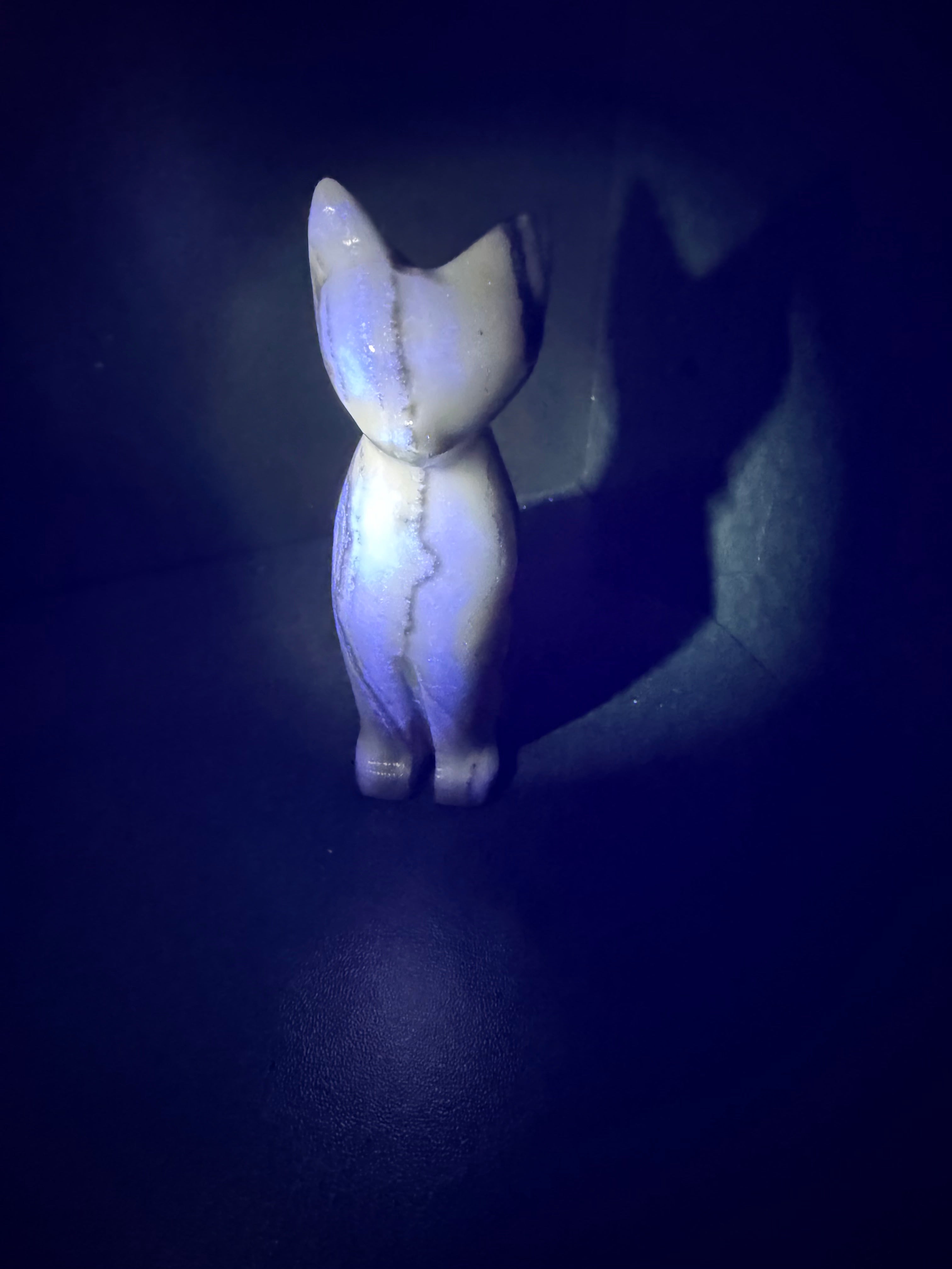 Zebra Calcite Sitting Cat Carving from Mexico - UV Reactive Stone Figurine