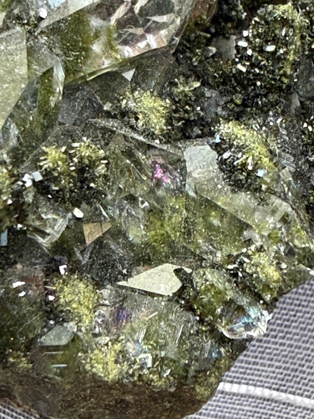 Natural Epidote on Quartz Crystal Cluster - Green Mineral Specimen 2.5"