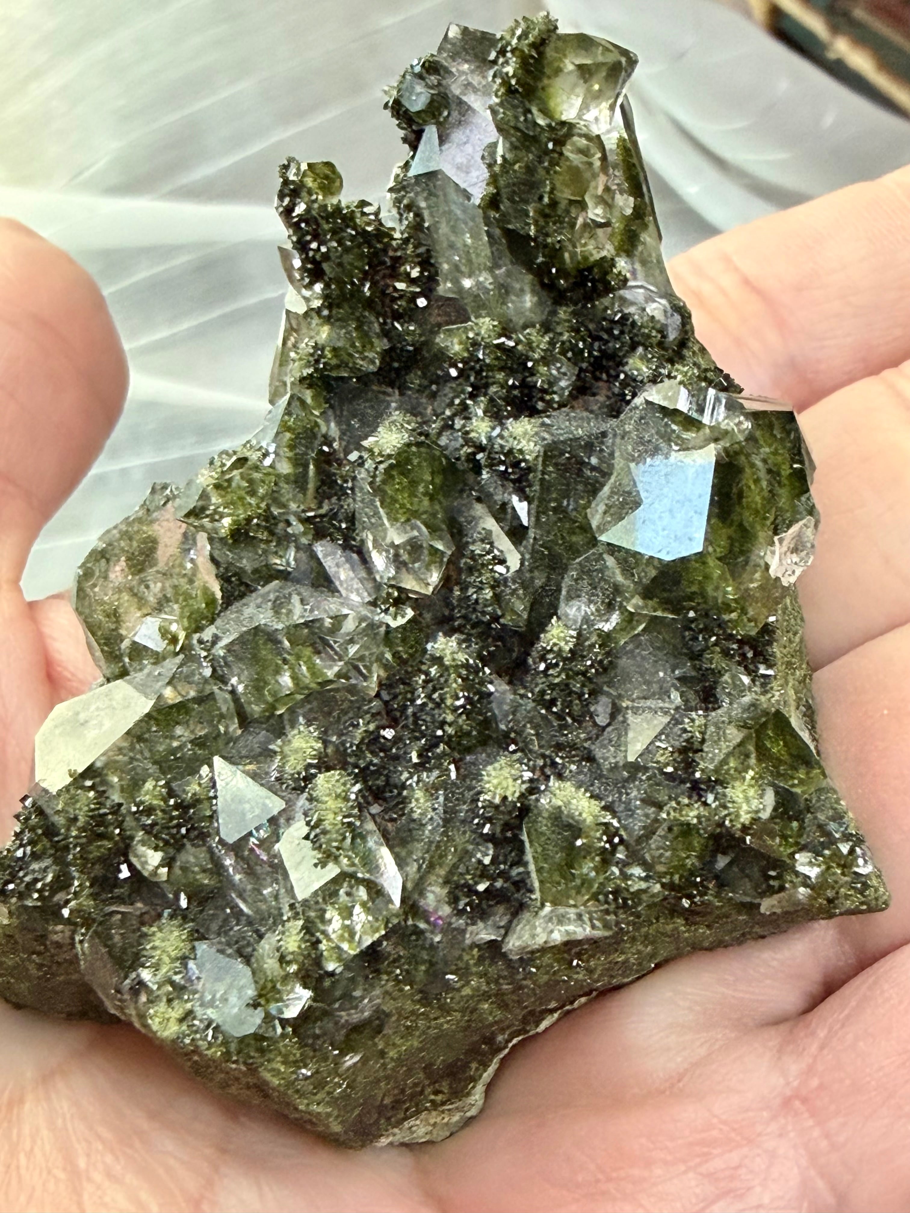 Natural Epidote on Quartz Crystal Cluster - Green Mineral Specimen 2.5"