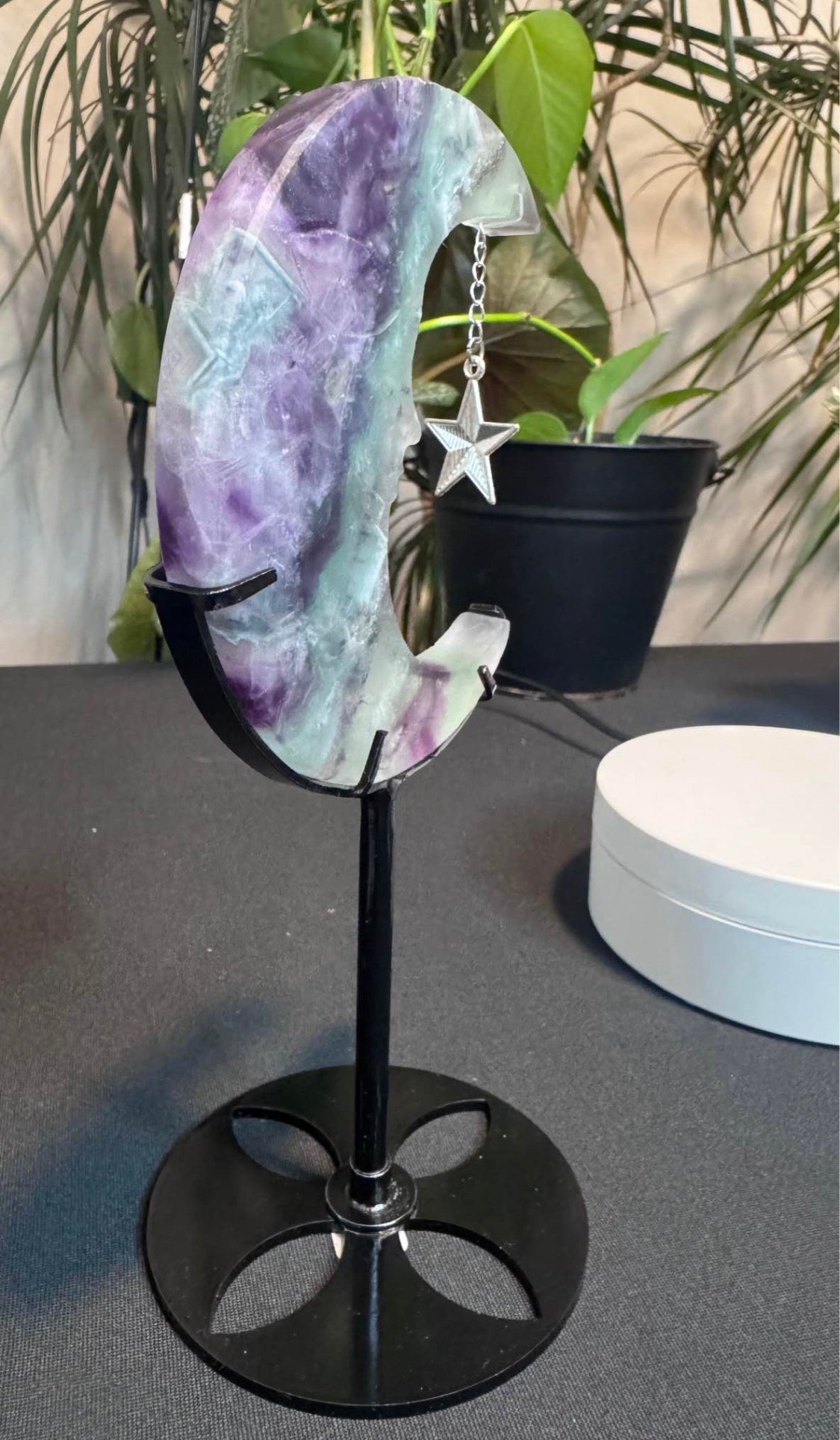 Beautiful Fluorite Crescent Moon Crystal with Star Charm