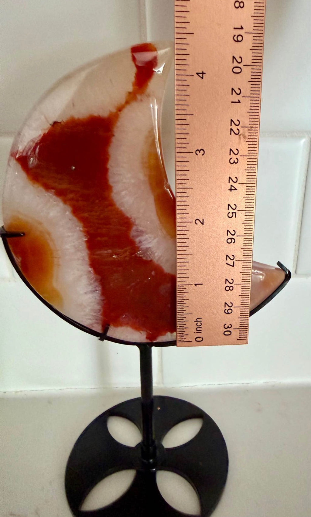 Beautiful Carnelian Agate Crescent Moon on Stand - Orange Red Natural Stone Decor