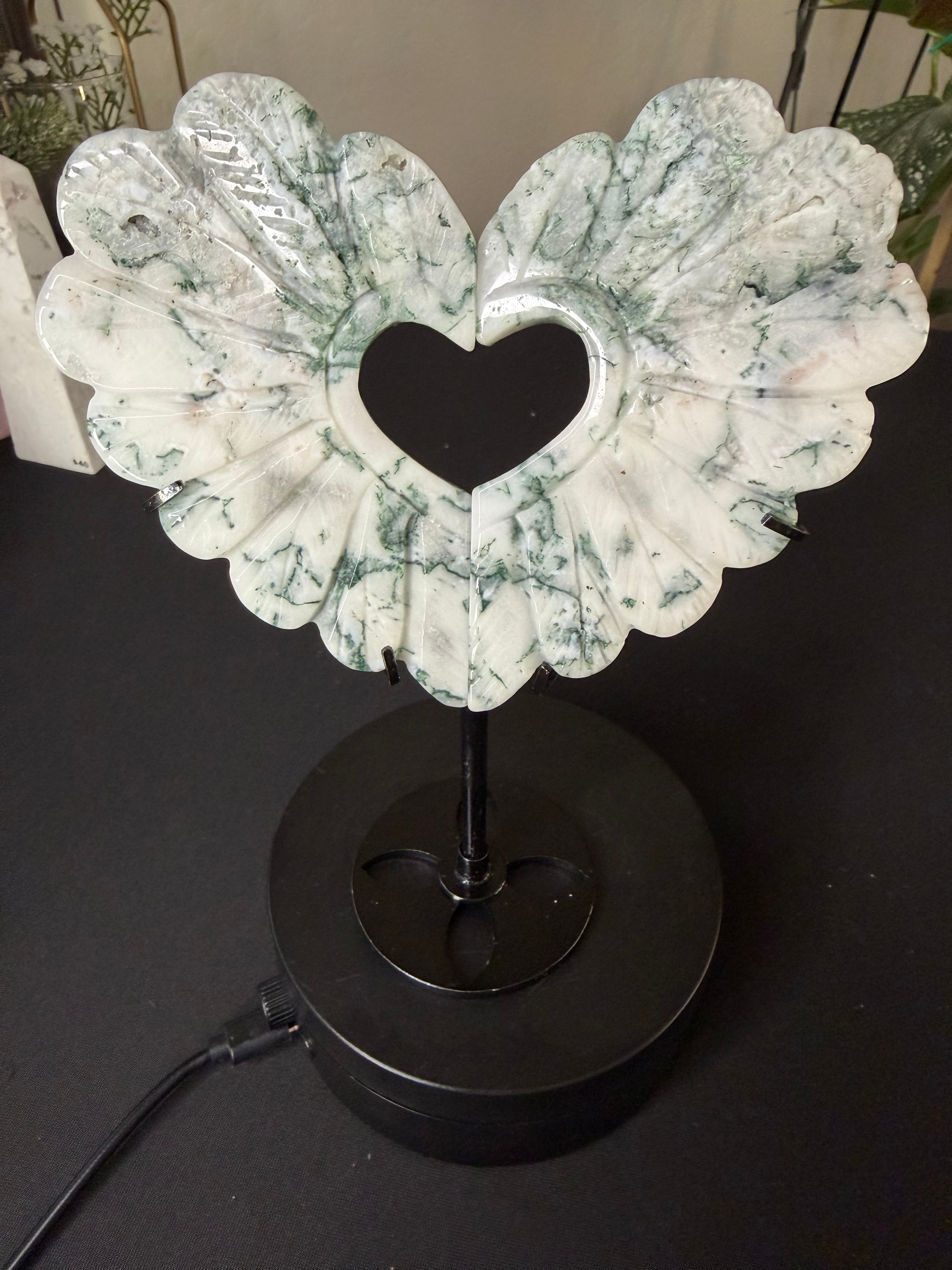 Tree Agate Heart Wing Carving with Stand