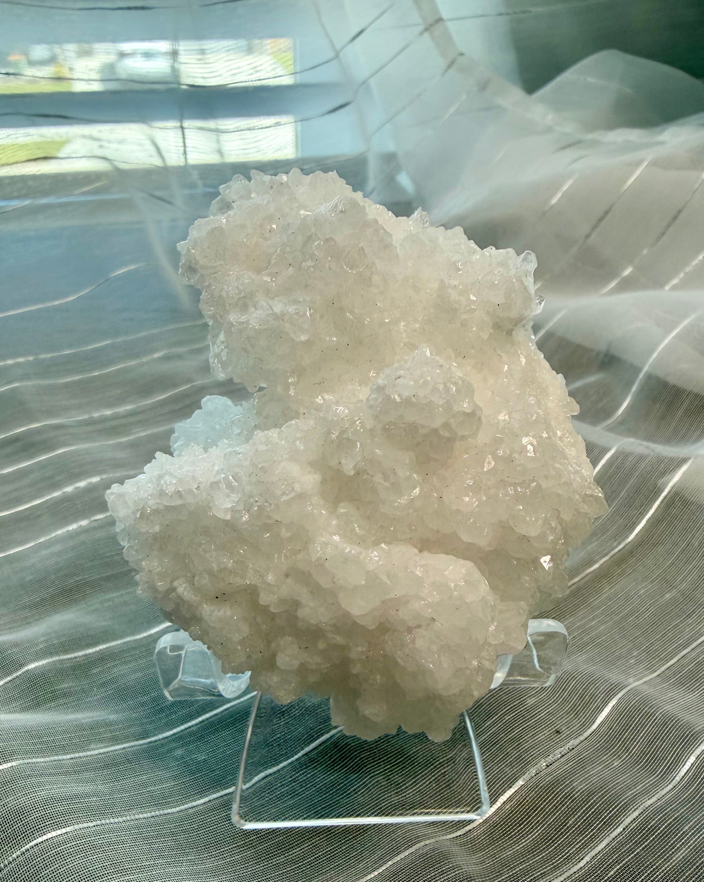 White Calcite Crystal
Cluster 3.5" -
Sparkling Mineral Specimen on Stand