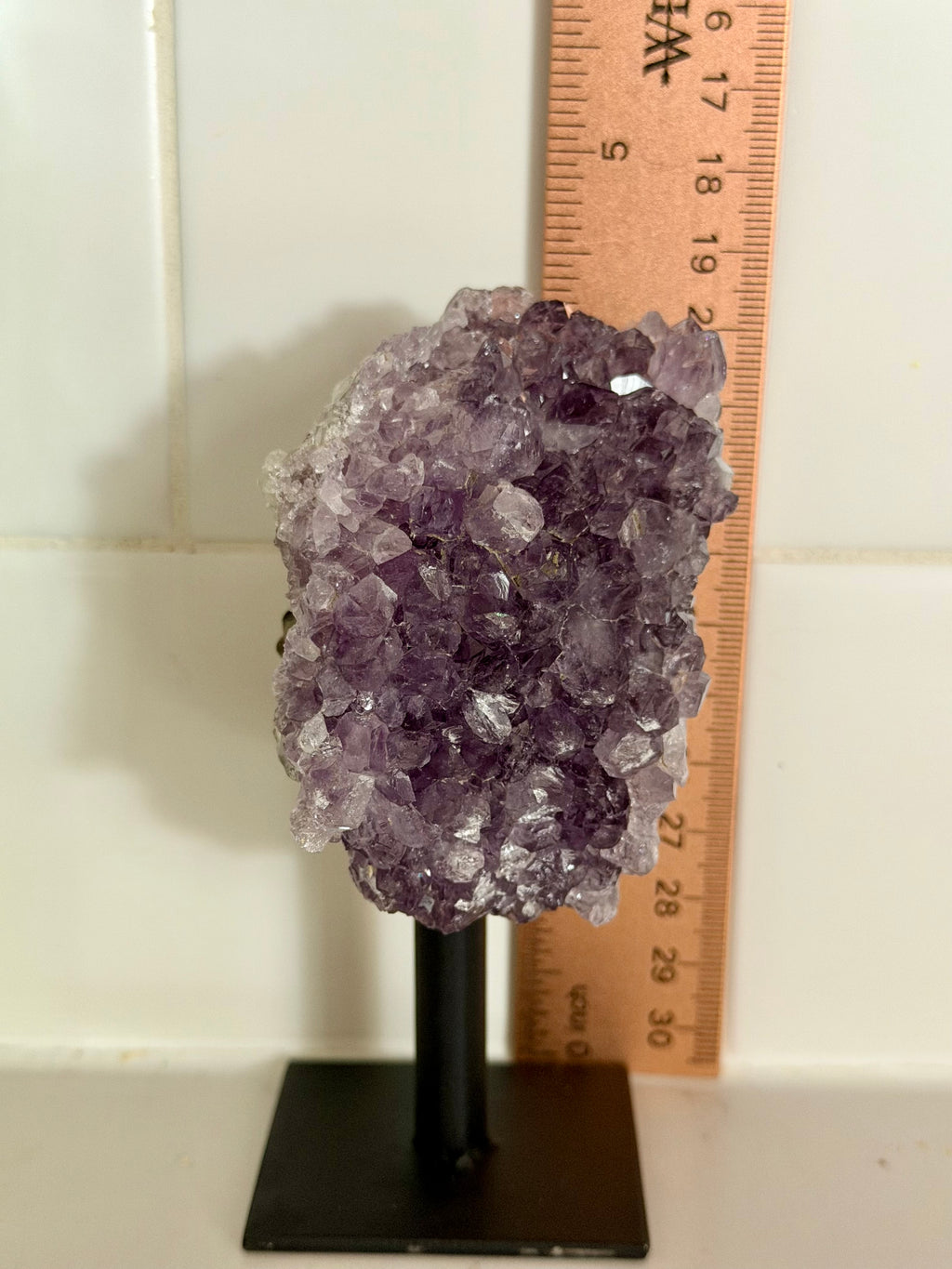 Amethyst Crystal Cluster on Metal Stand - Natural Purple Quartz Specimen