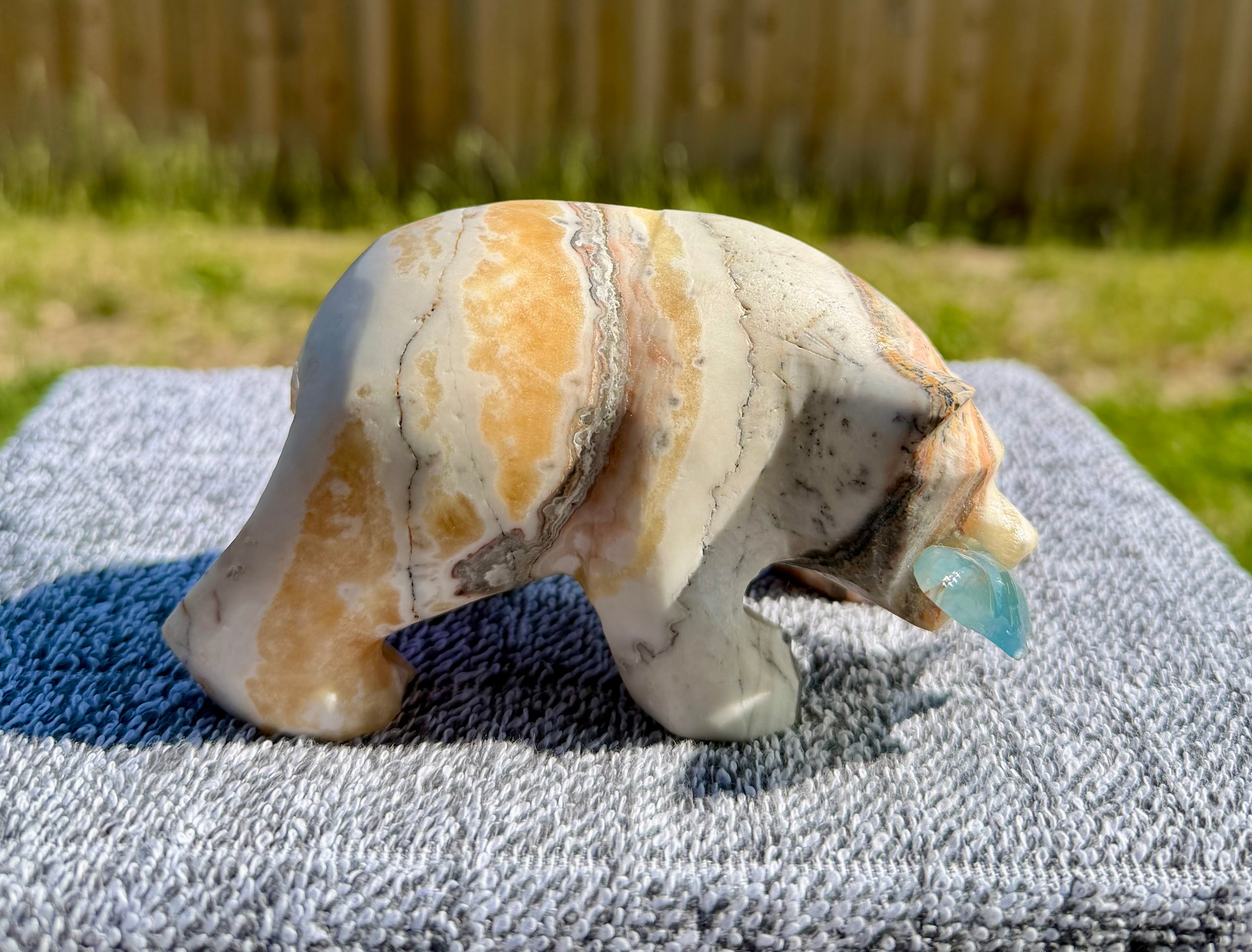 Zebra Calcite Grizzly Bear with Blue Onyx Fish - Banded Calcite Carving